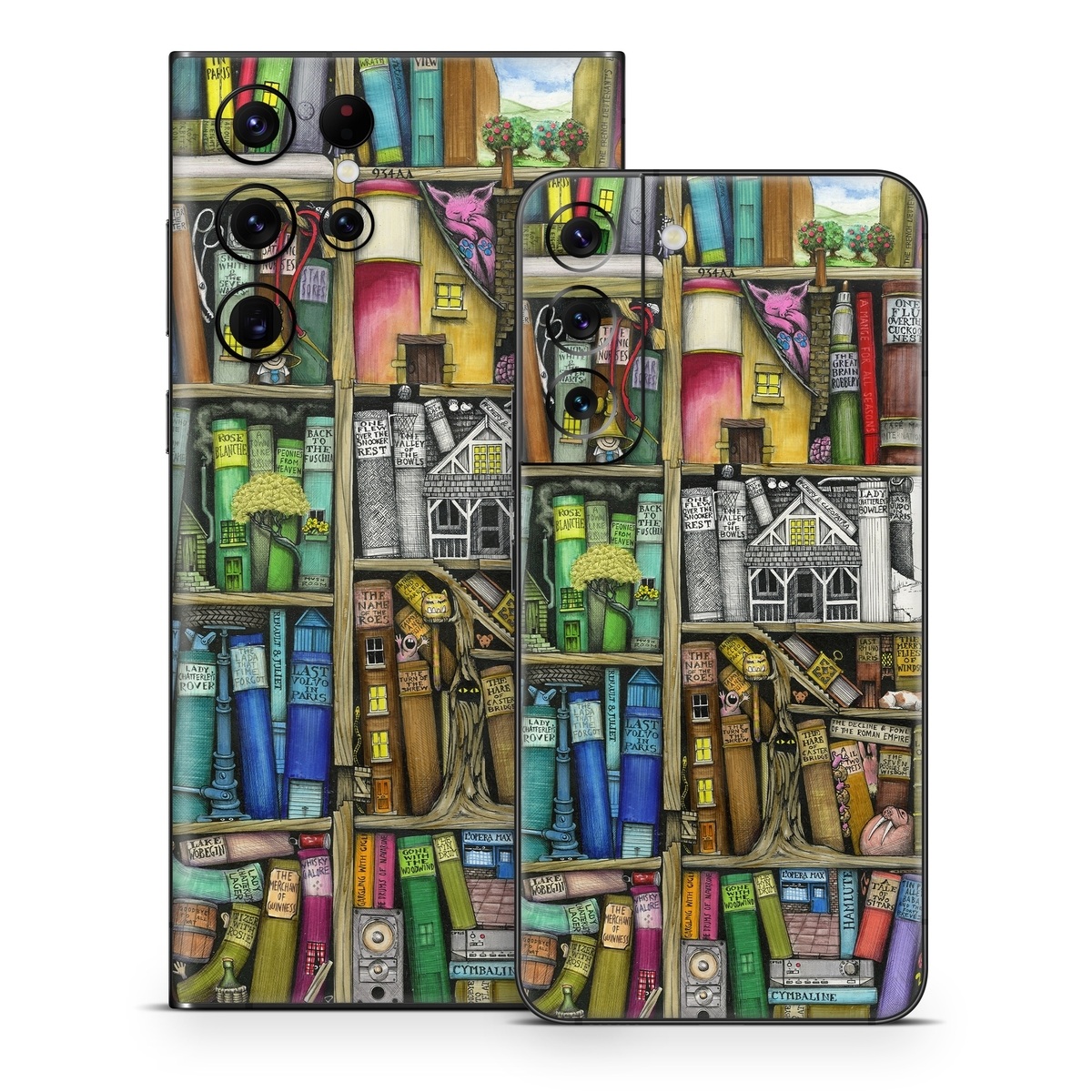 Samsung Galaxy S22 Series Skin design of Collection, Art, Visual arts, Bookselling, Shelving, Painting, Building, Shelf, Publication, Modern art, with brown, green, blue, red, pink colors