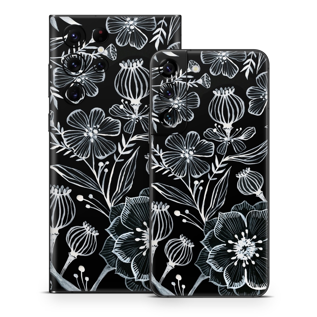 Samsung Galaxy S22 Series Skin design of Pattern, Black-and-white, Flower, Monochrome photography, Plant, Design, Monochrome, Botany, Wildflower, Visual arts, with black, white colors
