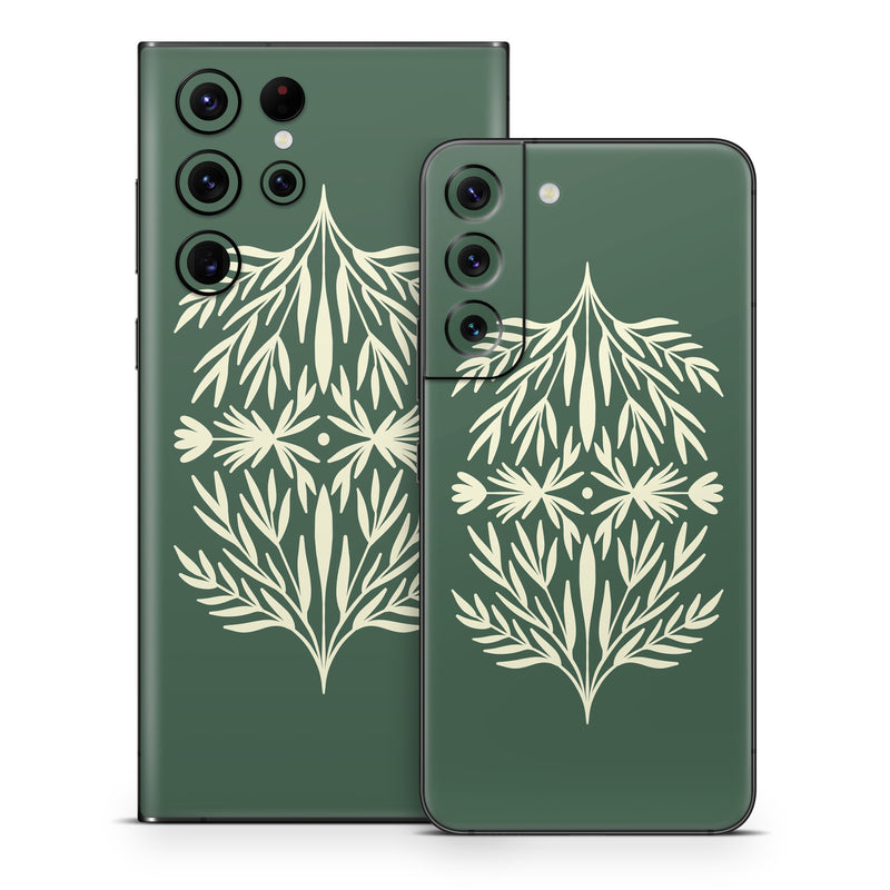 Samsung Galaxy S22 Series Skin design of Plant, Terrestrial plant, Art, Triangle, Symmetry, Pattern, Electric blue, Graphics, Grass, Visual arts, with green, white colors