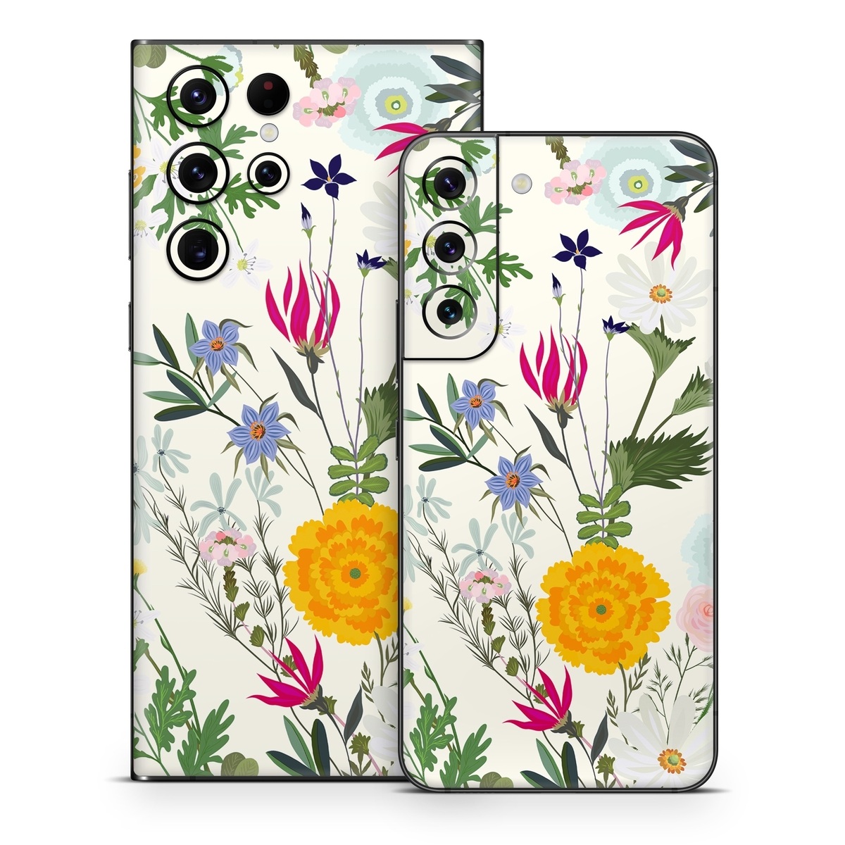 Samsung Galaxy S22 Series Skin design of Flower, Wildflower, chamomile, Floral design, Plant, camomile, Botany, Clip art, Cut flowers, Daisy, with white, green, pink, orange, yellow, red colors