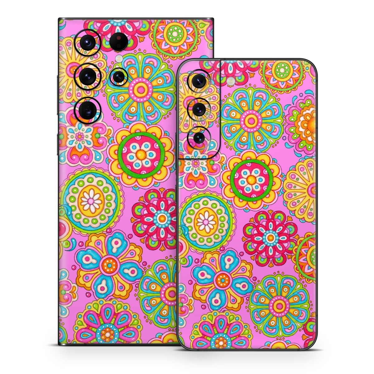 Samsung Galaxy S22 Series Skin design of Pattern, Design, Textile, Visual arts, Wrapping paper, Motif, Pedicel, with pink, red, orange, yellow, green, blue, purple colors