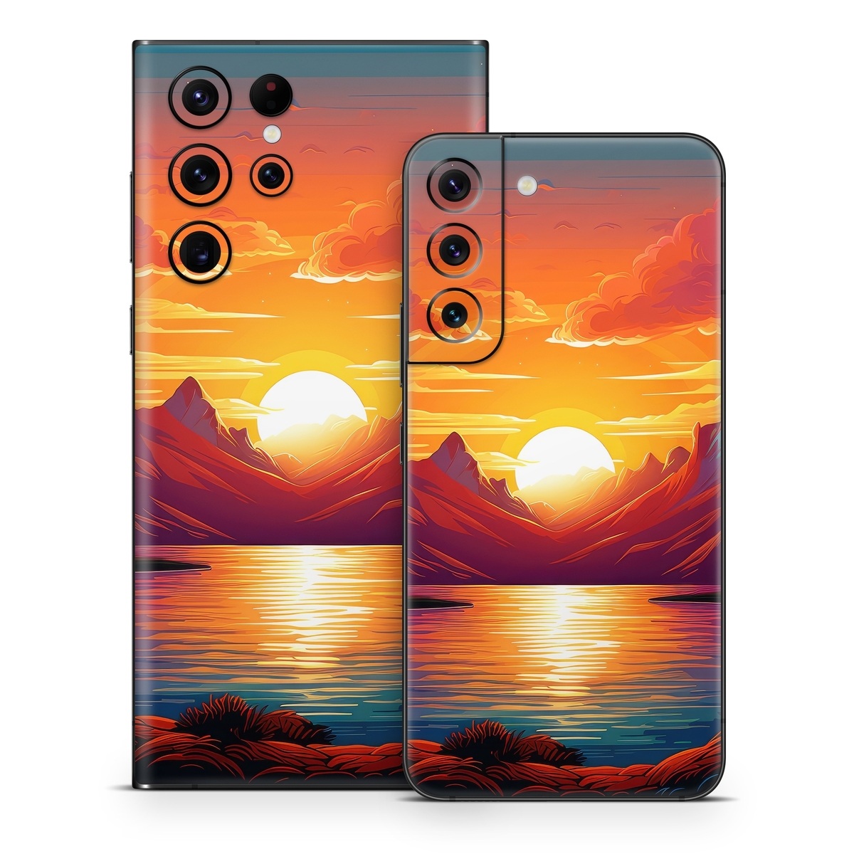 Samsung Galaxy S22 Series Skin design of Water, Cloud, Sky, Ecoregion, Afterglow, Light, World, Nature, Natural landscape, Mountain, with red, orange, yellow, blue, purple colors