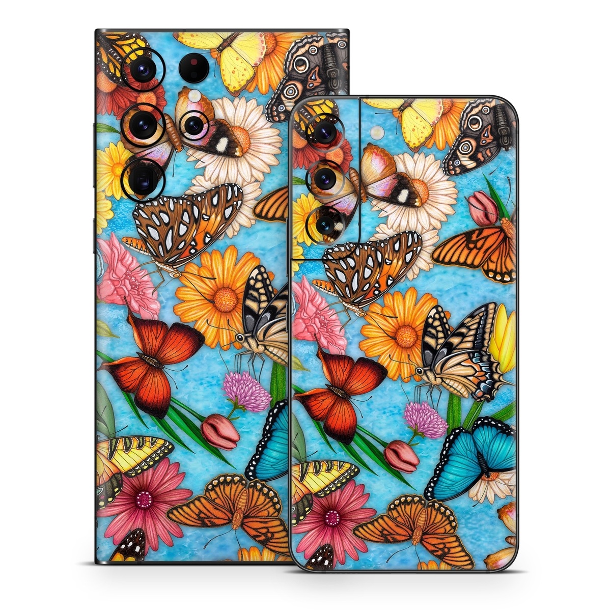 Samsung Galaxy S22 Series Skin design of Cynthia (subgenus), Butterfly, Monarch butterfly, Moths and butterflies, Brush-footed butterfly, Pollinator, Insect, Pattern, Design, Organism, with blue, pink, orange, yellow, red colors