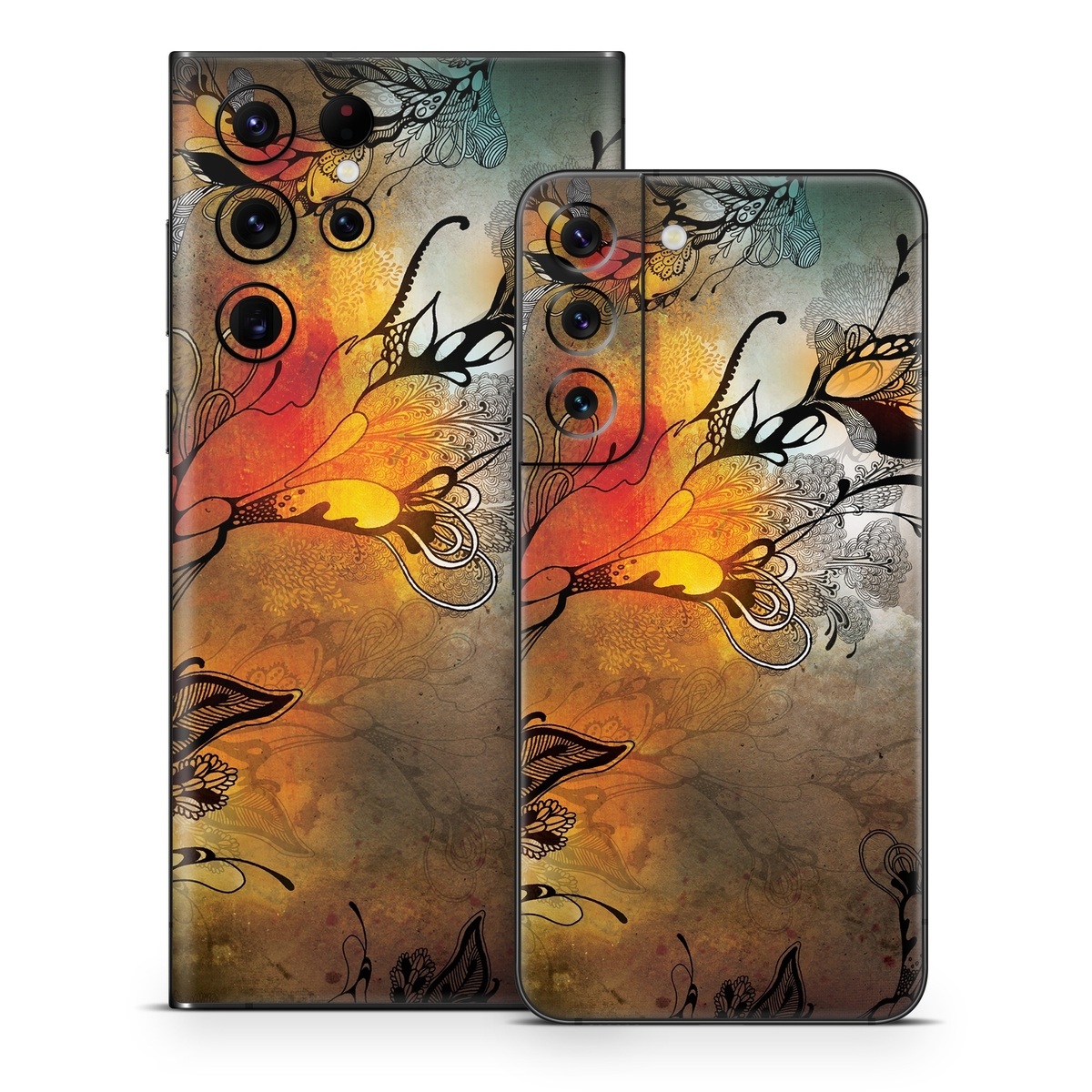 Samsung Galaxy S22 Series Skin design of Yellow, Orange, Art, Branch, Leaf, Graphic design, Visual arts, Pattern, Design, Modern art, with black, red, orange, yellow colors