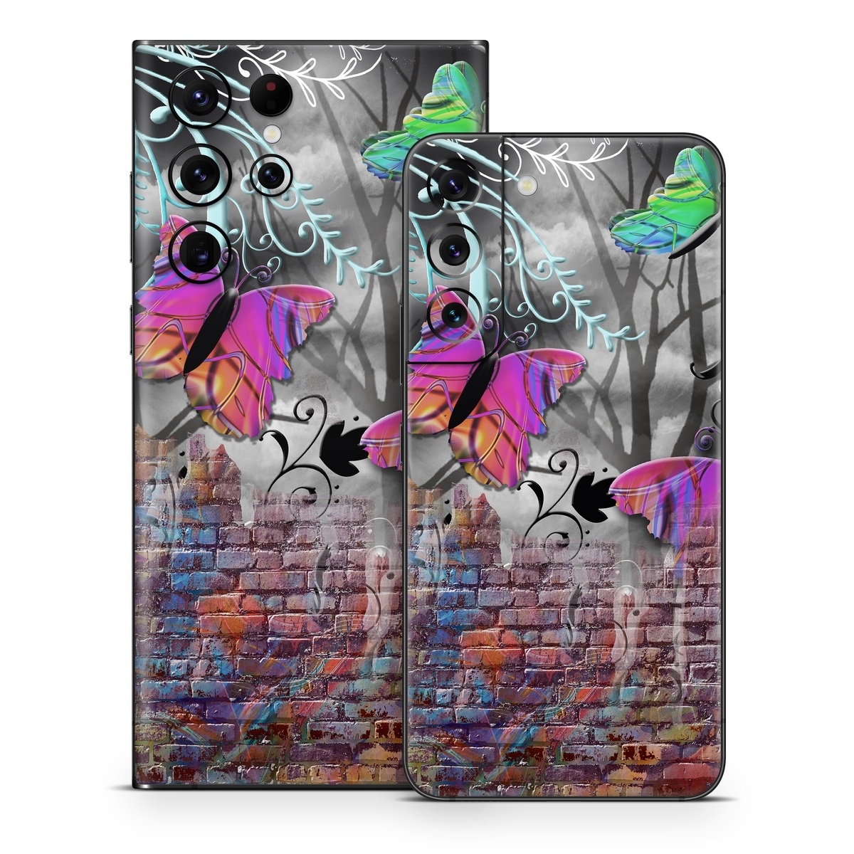 Samsung Galaxy S22 Series Skin design of Purple, Graphic design, Art, Pattern, Graffiti, Organism, Street art, Wall, Font, Illustration, with red, black, gray, purple, orange, blue, green colors
