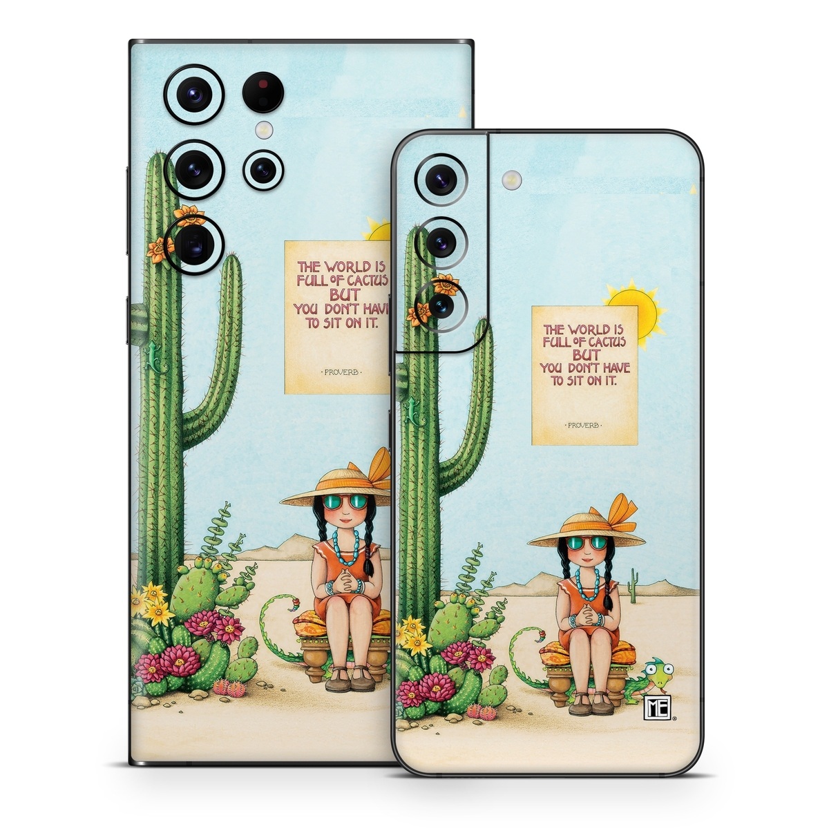 Samsung Galaxy S22 Series Skin design of Cartoon, Cactus, Illustration, Animated cartoon, Plant, Vegetable, Fictional character, Art, with green, yellow, pink, orange, brown colors