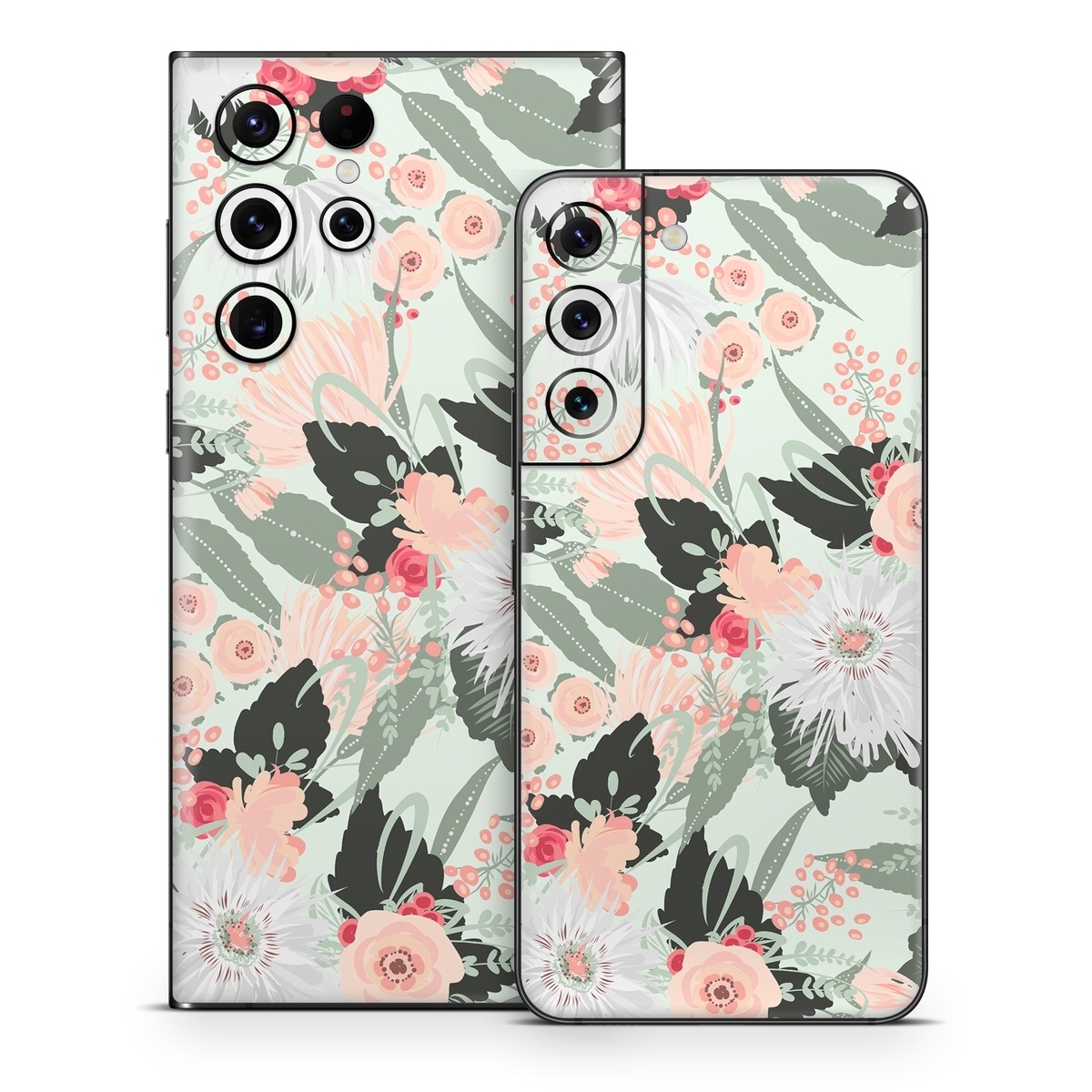 Samsung Galaxy S22 Series Skin design of Pattern, Pink, Floral design, Design, Textile, Wrapping paper, Plant, Peach, Flower, with green, red, white, pink colors