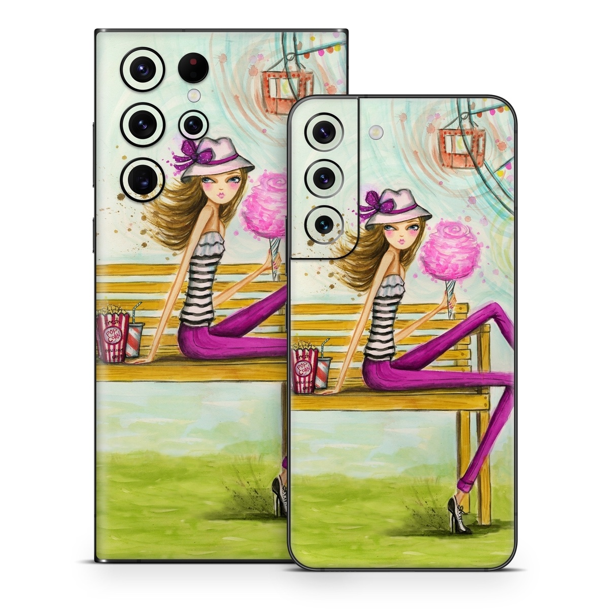 Samsung Galaxy S22 Series Skin design of Illustration, Fashion illustration, Art, Sitting, Watercolor paint, Plant, Graphic design, Style, Painting, with green, yellow, blue, pink, purple, black, white, orange colors