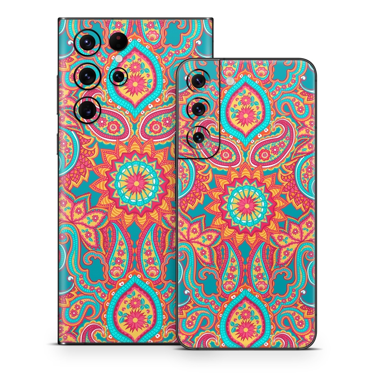 Samsung Galaxy S22 Series Skin design of Pattern, Paisley, Motif, Visual arts, Design, Art, Textile, Psychedelic art, with orange, yellow, blue, red colors
