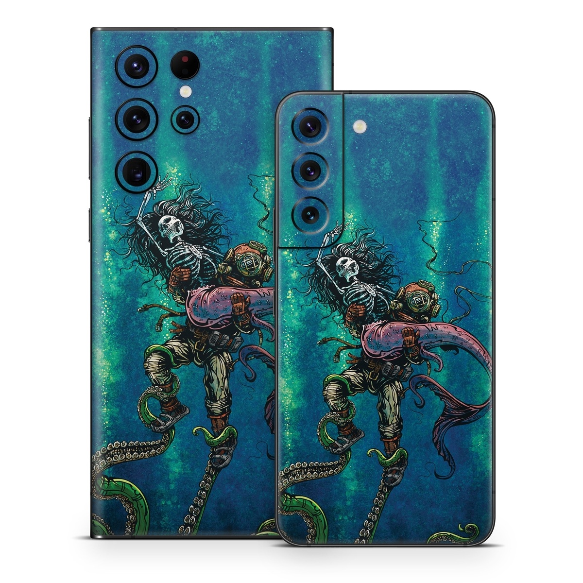 Samsung Galaxy S22 Series Skin design of Water, Fluid, Underwater, Marine invertebrates, Marine biology, Electric blue, Liquid, Recreation, Underwater diving, Art, with blue, green, orange, purple, pink, black, white, gray colors