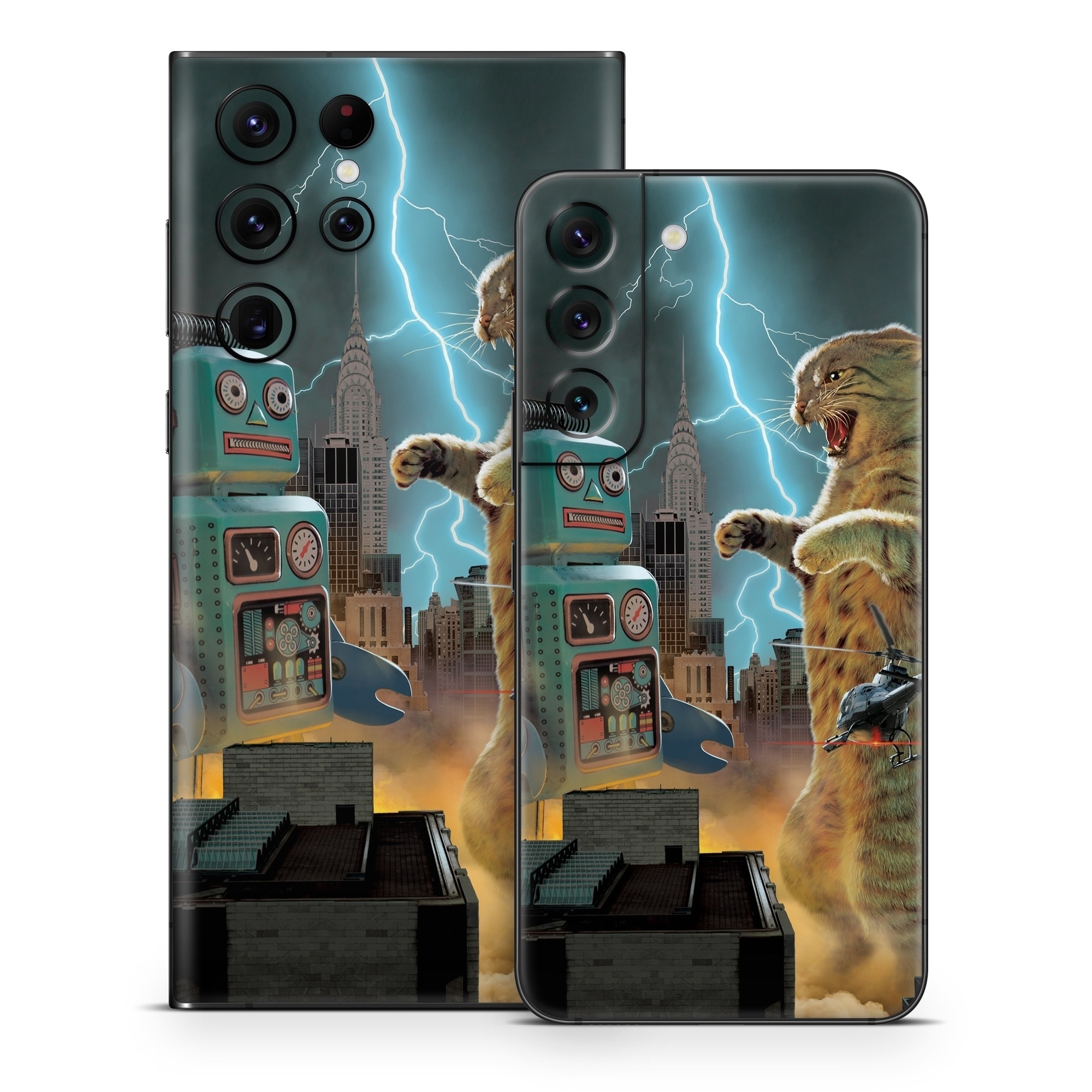 Samsung Galaxy S22 Series Skin design of Lightning, Felidae, Carnivore, Art, Whiskers, Big cats, Cg artwork, Terrestrial animal, Small to medium-sized cats, Thunder, with black, blue, red, yellow, white, brown, gray, orange colors