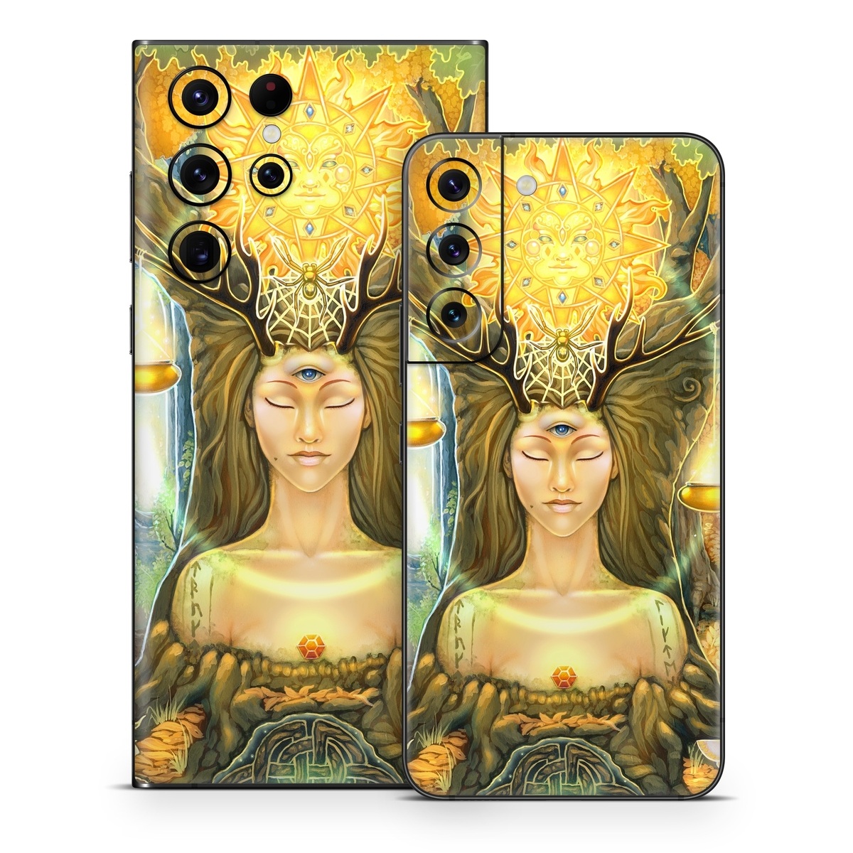 Samsung Galaxy S22 Series Skin design of Painting, Art, Illustration, Plant, Fictional character, Mythology, Cg artwork, Visual arts, Glass, Drawing, with yellow, green, brown, pink, orange, black colors