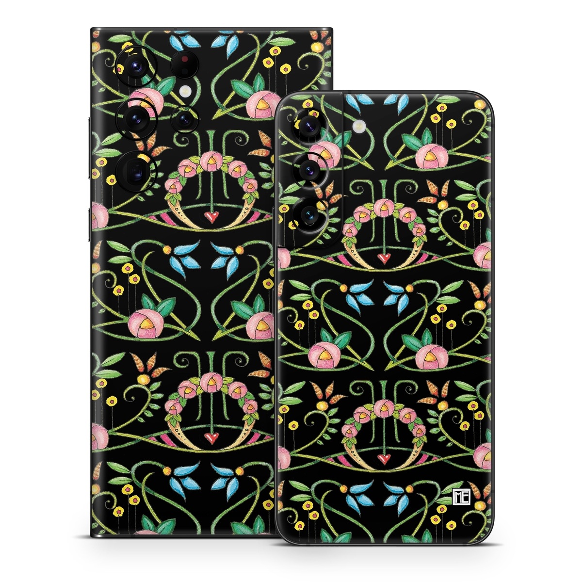Samsung Galaxy S22 Series Skin design of Flower, Rectangle, Textile, Ornament, Plant, Line, Motif, Creative arts, Art, Pattern, with black, pink, blue, green, yellow colors