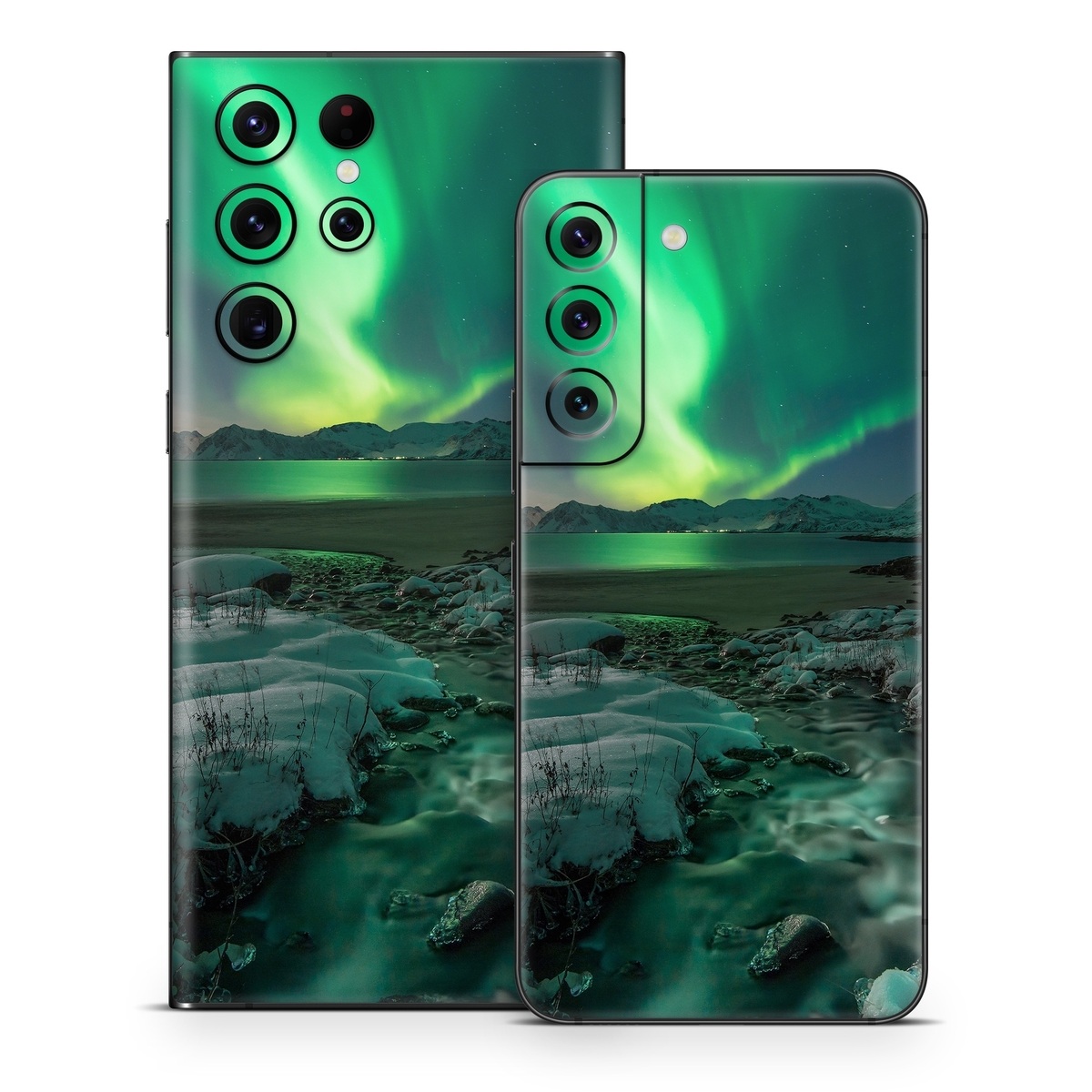 Samsung Galaxy S22 Series Skin design of Nature, Aurora, Sky, Geological phenomenon, Water, Atmosphere, Space, Landscape, World, Glacier, with white, green, blue, black, gray colors