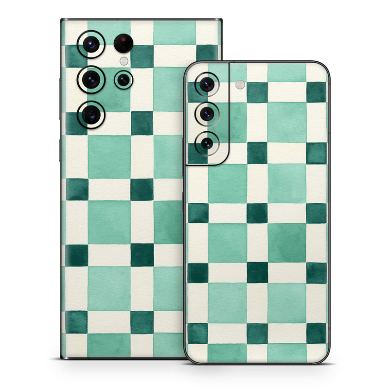 Samsung Galaxy S22 Series Skin design of Linens, Tile, with white, green colors