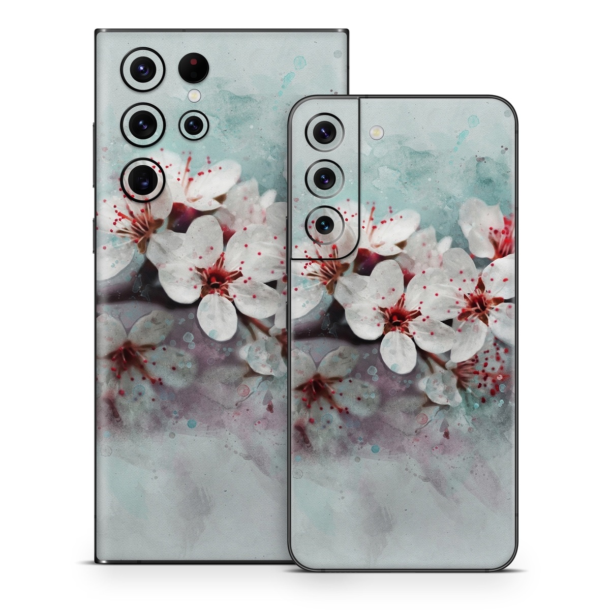 Samsung Galaxy S22 Series Skin design of Blossom, Flower, Cherry blossom, Watercolor paint, Plant, Spring, Pink, Petal, Branch, Painting, with white, gray, red, pink, purple, blue colors