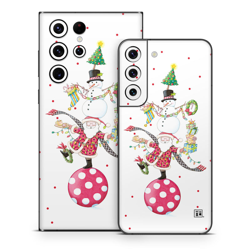 Samsung Galaxy S22 Series Skin design of Snowman, Holiday ornament, Christmas ornament, Creative arts, Christmas decoration, Ornament, Pattern, Event, Art, Circle, with white, red, yellow, green, orange, black, blue colors