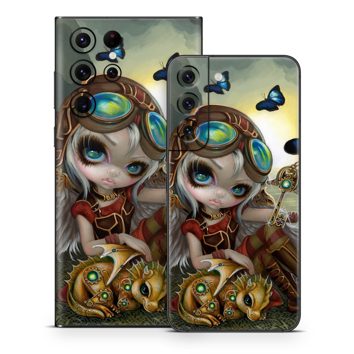 Samsung Galaxy S22 Series Skin design of Cg artwork, Illustration, Fictional character, Art, Mythology, Games, Massively multiplayer online role-playing game, with black, green, red, yellow, brown, blue colors