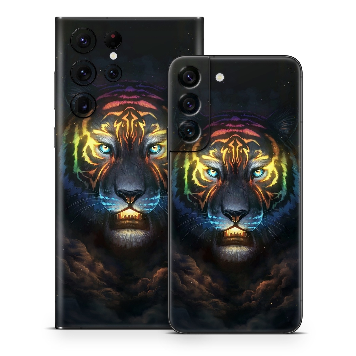 Samsung Galaxy S22 Series Skin design of Felidae, Vertebrate, Carnivore, Organism, Painting, Roar, Bengal tiger, Big cats, Art, Whiskers, with black, yellow, orange, red, green, purple, blue colors