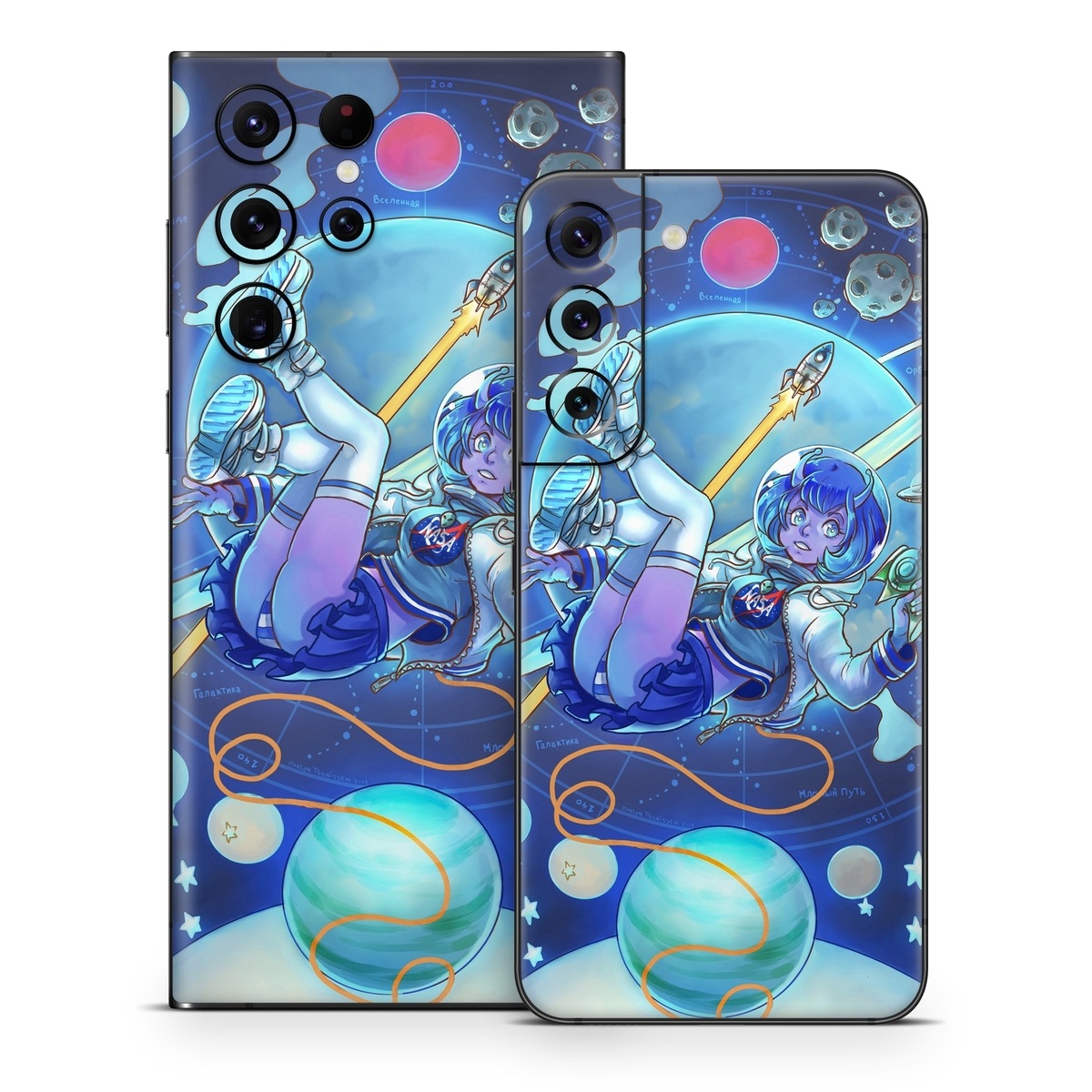Samsung Galaxy S22 Series Skin design of Cartoon, Illustration, Graphic design, Games, Space, Design, Anime, Art, Graphics, Fictional character, with blue, white, yellow, purple, green, red, orange, black colors