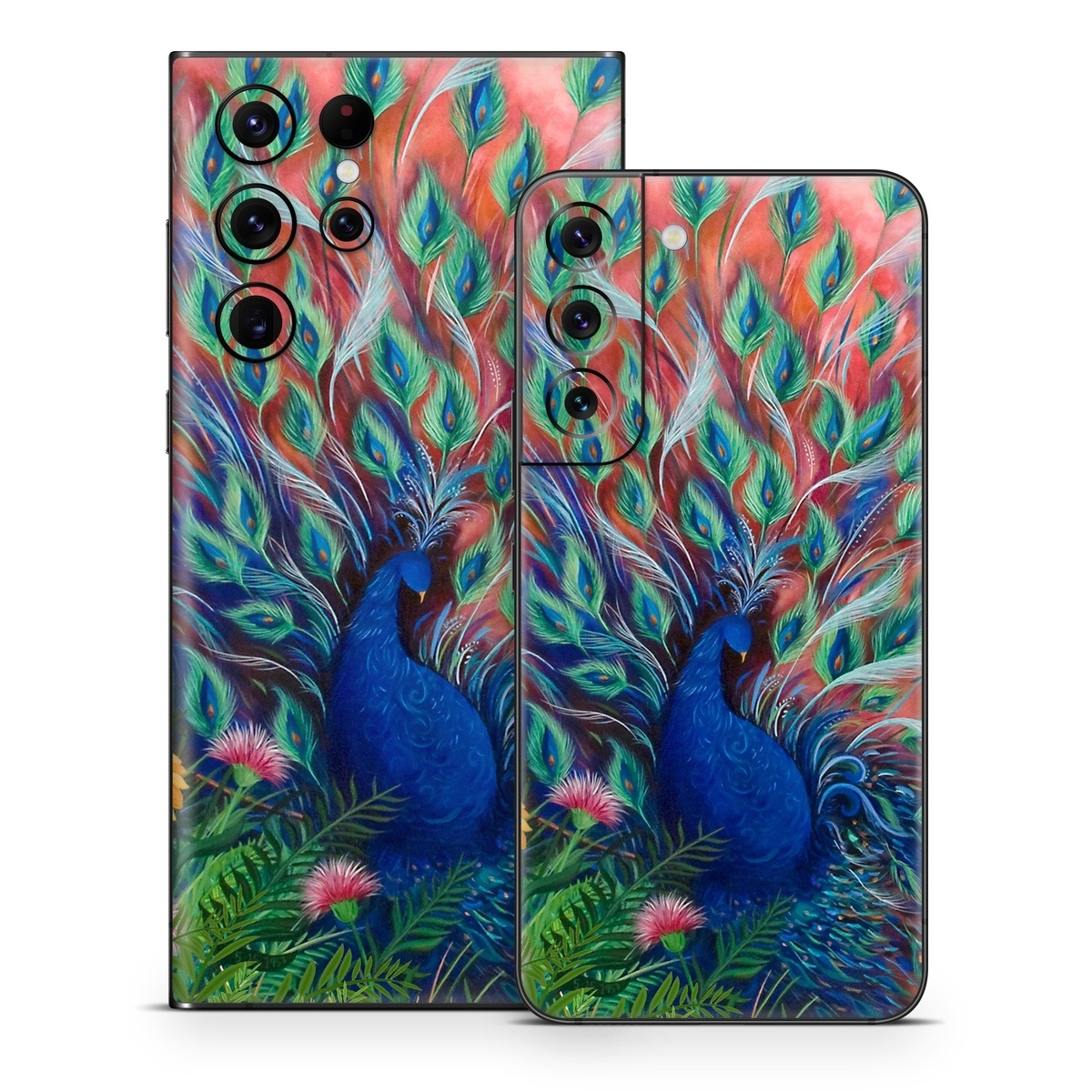 Samsung Galaxy S22 Series Skin design of Painting, Acrylic paint, Bird, Child art, Art, Galliformes, Peafowl, Visual arts, Watercolor paint, Plant, with black, red, gray, blue, green colors