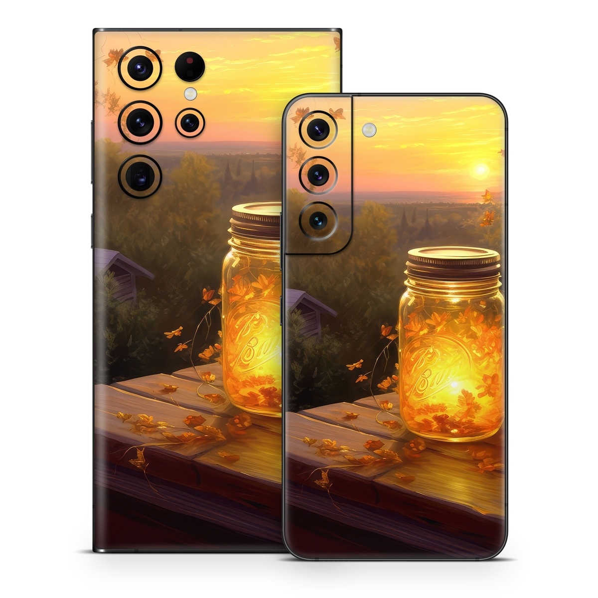 Samsung Galaxy S22 Series Skin design of Sky, Plant, Amber, Candle, Wood, Orange, Sunlight, Cloud, Sunset, Heat, with yellow, orange, black, green, gray, red colors
