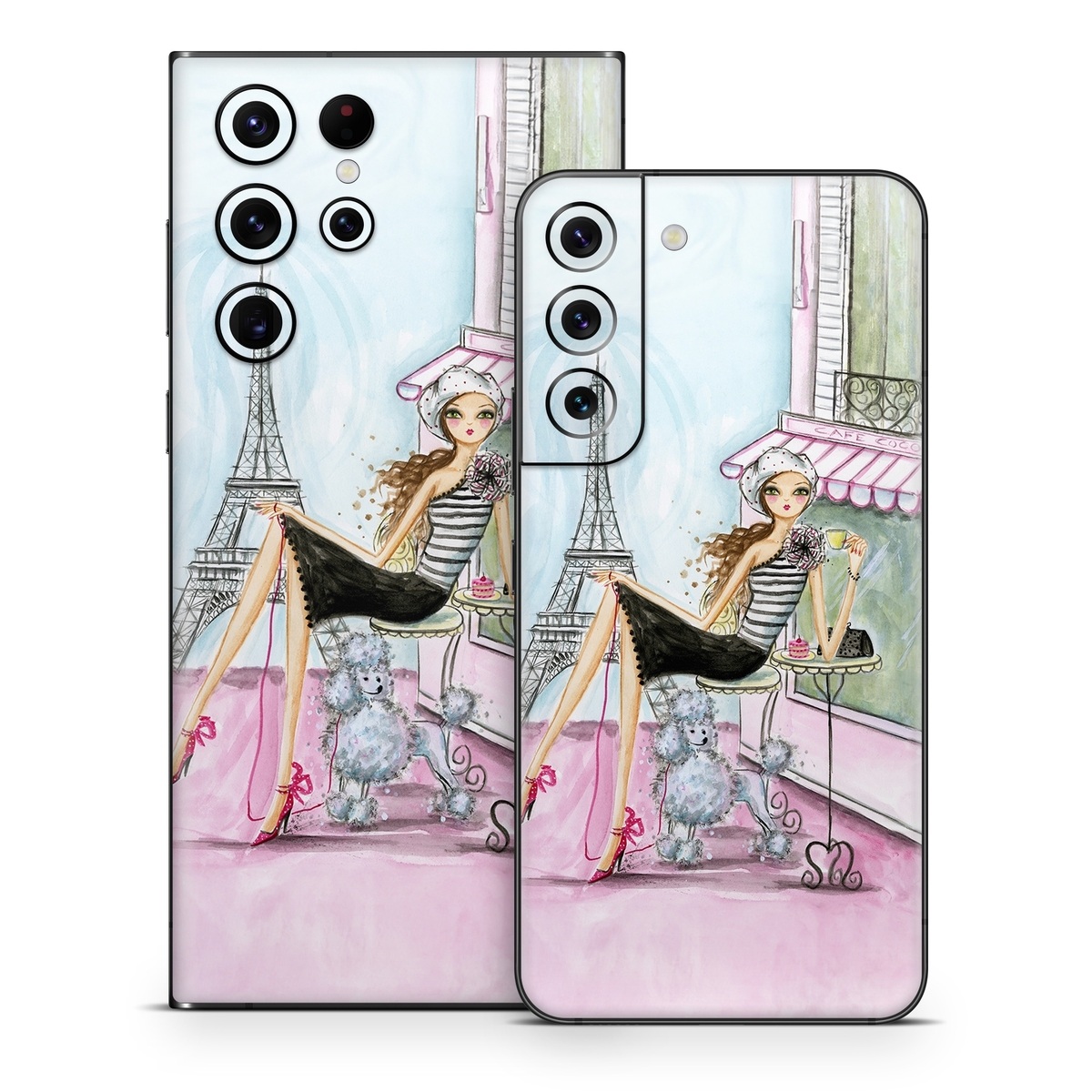 Samsung Galaxy S22 Series Skin design of Pink, Illustration, Sitting, Konghou, Watercolor paint, Fashion illustration, Art, Drawing, Style, with gray, purple, blue, black, pink colors