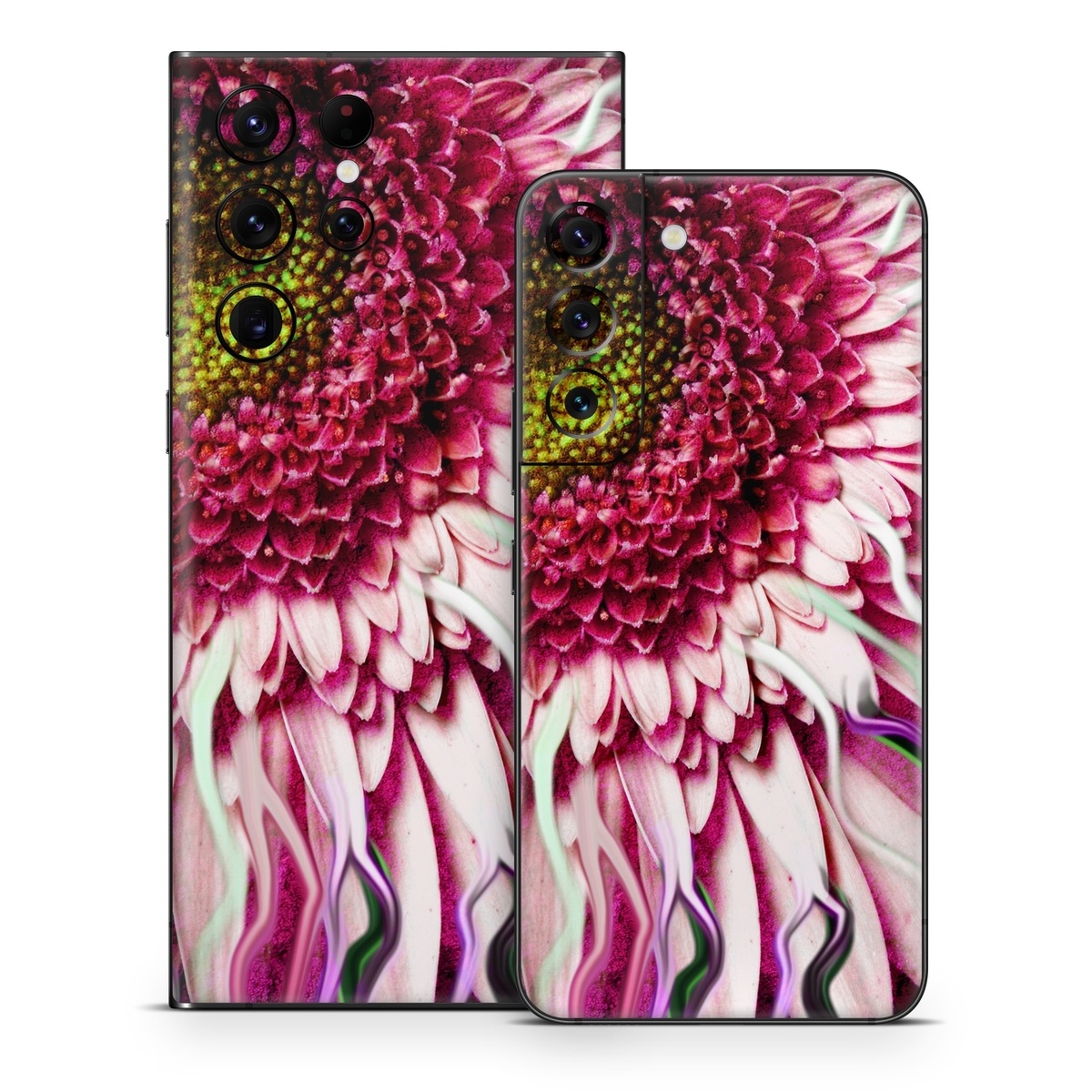Samsung Galaxy S22 Series Skin design of Flowering plant, Flower, Petal, Plant, Purple, Pink, Gazania, Violet, Gerbera, Chrysanths, with black, gray, red, purple, pink, white colors