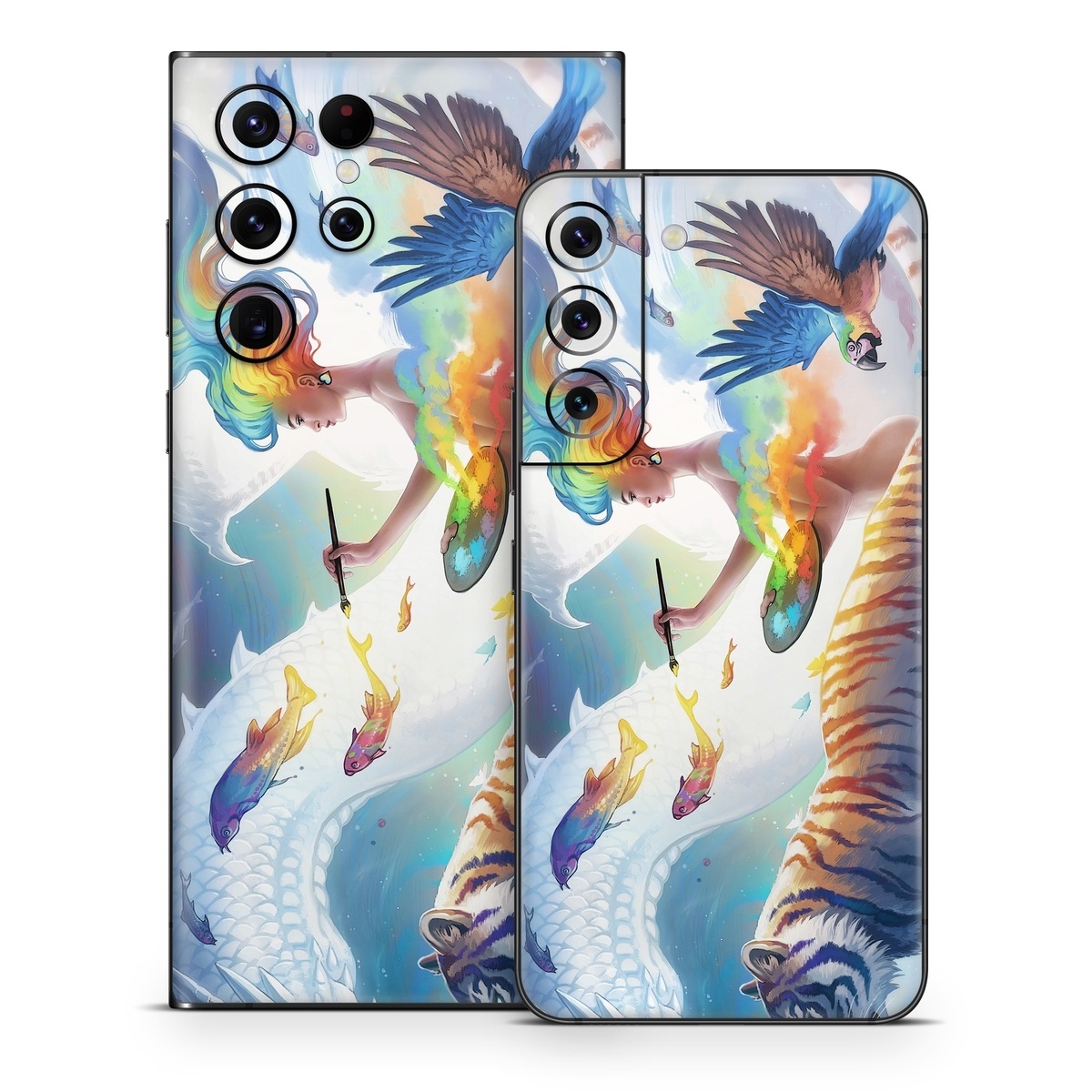 Samsung Galaxy S22 Series Skin design of Siberian tiger, Bengal tiger, Vertebrate, Tiger, Felidae, Mammal, Water, Carnivore, Art, Painting, with blue, red, yellow, orange, green, purple, black, white colors