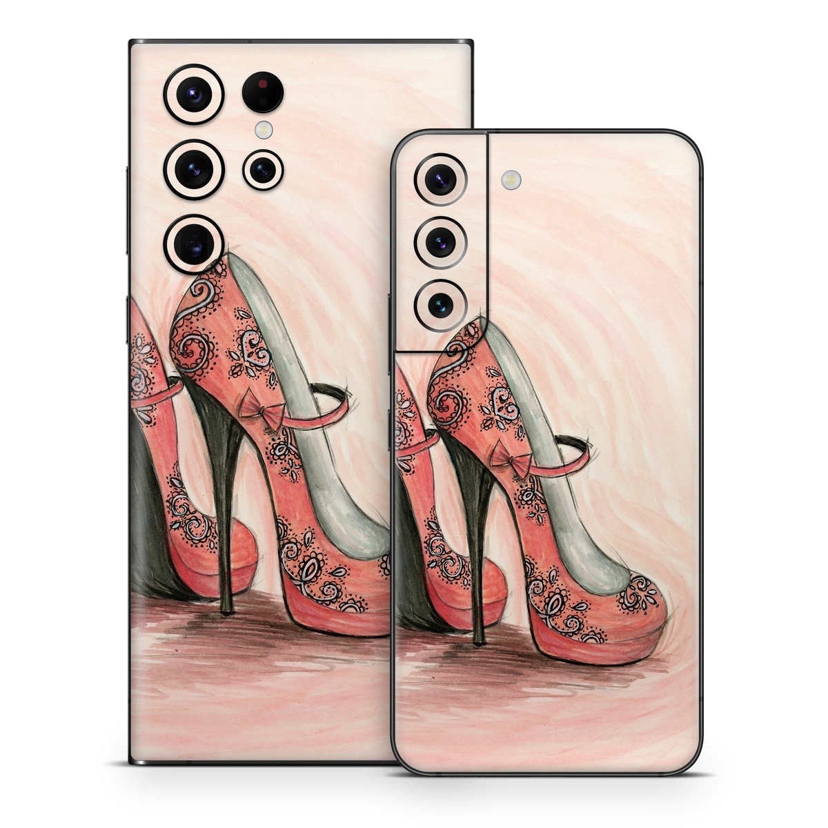 Samsung Galaxy S22 Series Skin design of Footwear, High heels, Shoe, Pink, Court shoe, Illustration, Leg, Basic pump, Peach, Painting, with pink, gray, red, white, black, green colors