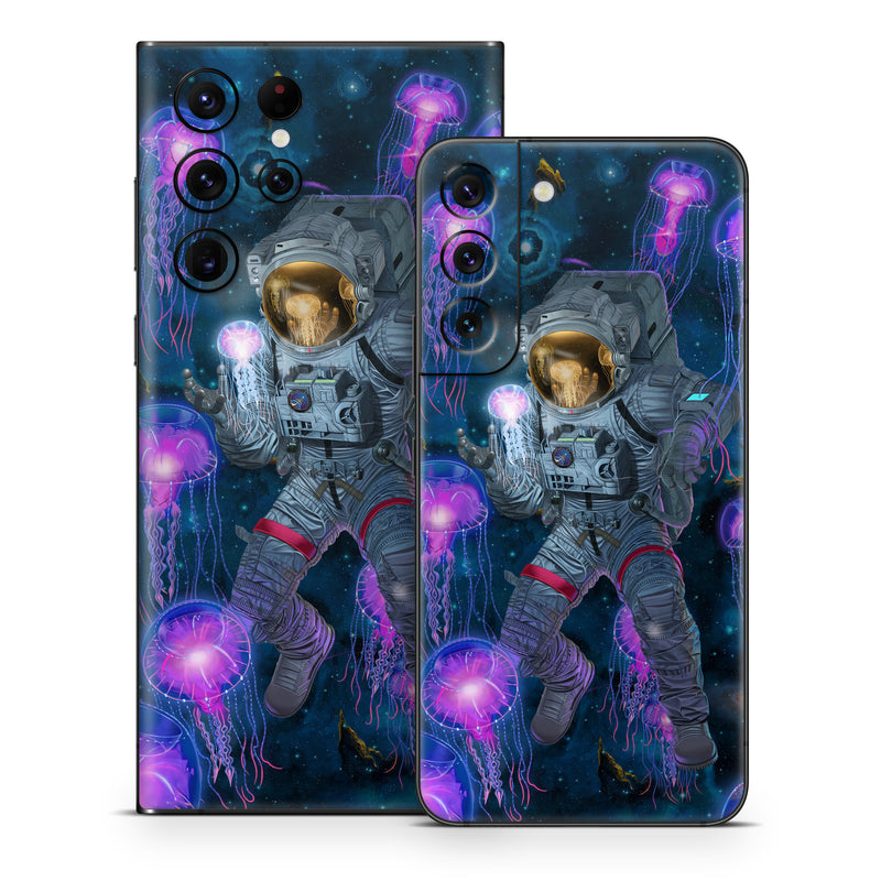 Samsung Galaxy S22 Series Skin design of Light, Blue, Purple, World, Astronaut, Art, Astronomical object, Space, Cg artwork, Electric blue, with black, blue, gray, white, purple, yellow, red, brown colors