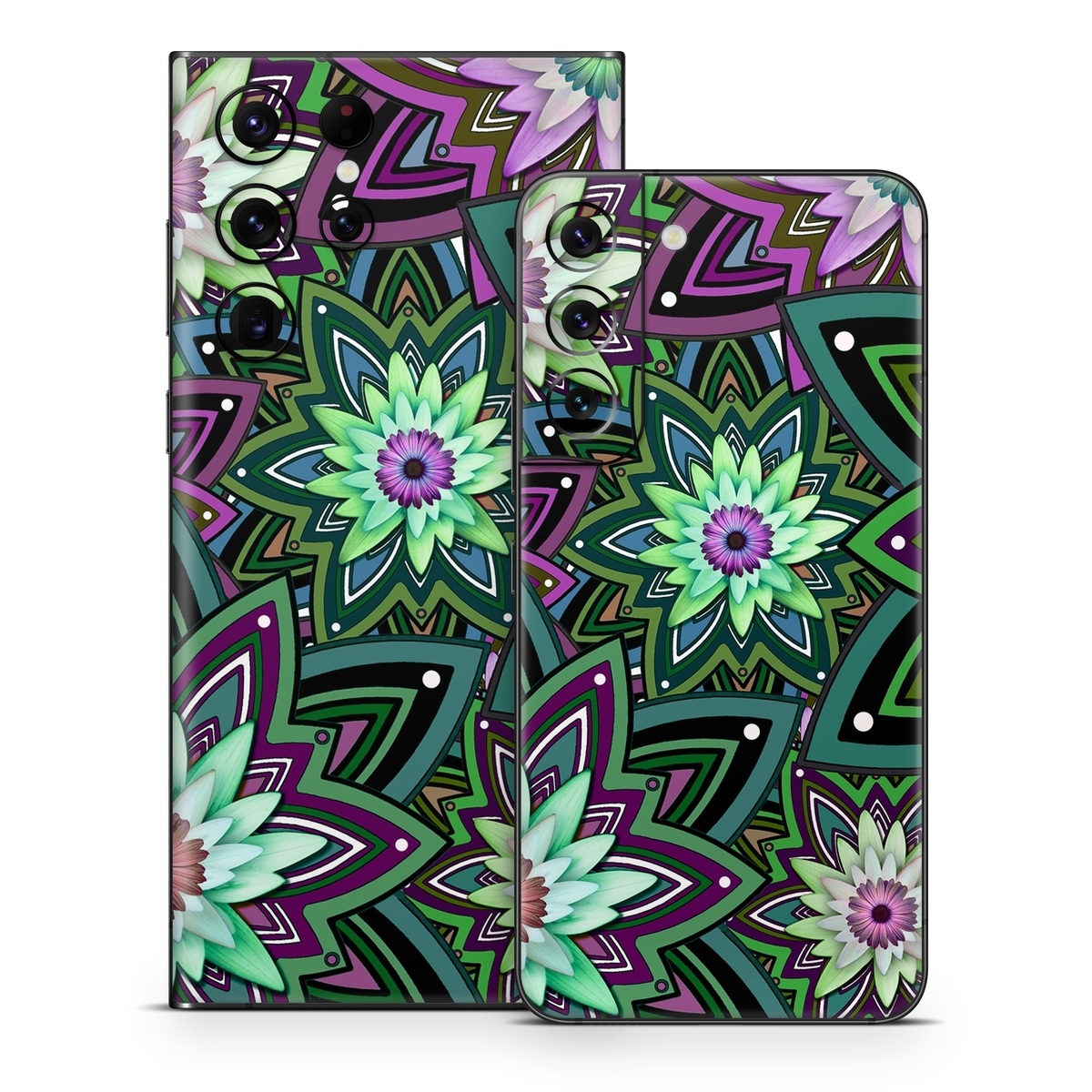 Samsung Galaxy S22 Series Skin design of Pattern, Purple, Green, Flower, Psychedelic art, Design, Lilac, Plant, Symmetry, Visual arts, with black, gray, green, purple, blue, red colors