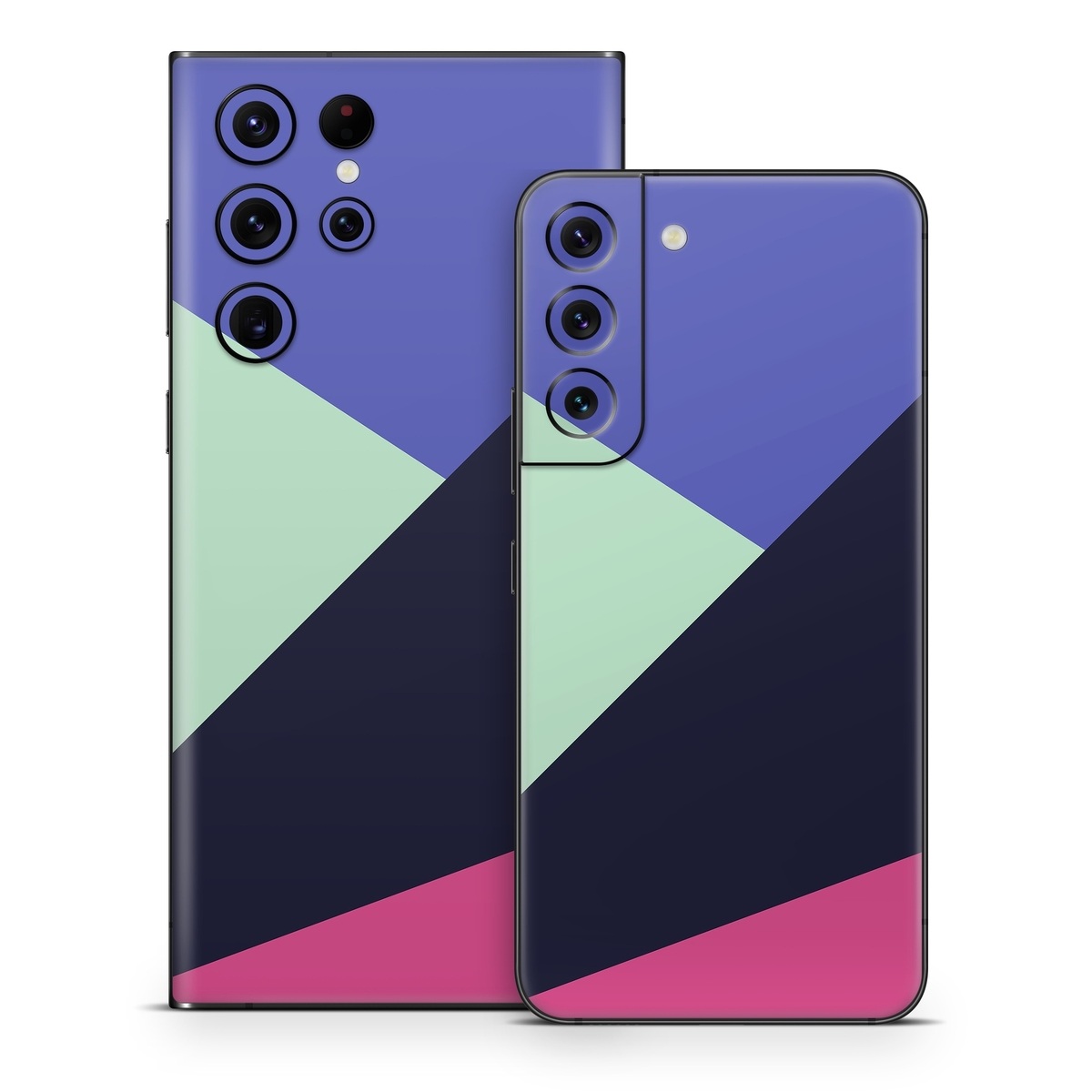 Samsung Galaxy S22 Series Skin design of Purple, Violet, Line, Magenta, Graphic design, Triangle, Pattern, Design, Material property, Font, with black, blue, green, pink colors
