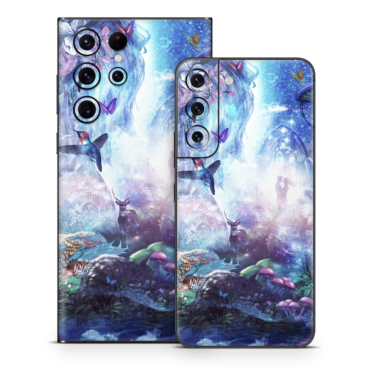 Samsung Galaxy S22 Series Skin design of Man, Woman, Fictional Character, Mythology, Bird, Wing, Mythical Creature, Deer, Tiger, Mushrooms, Butterfly, with white, blue, green, red, yellow, black, purple, gray colors