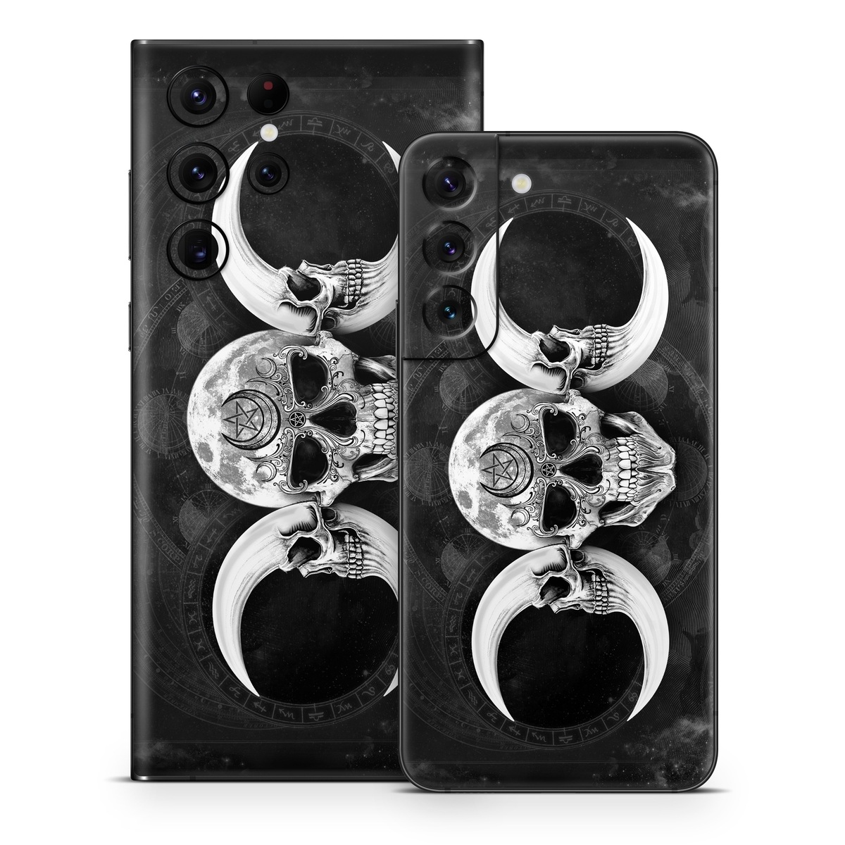 Samsung Galaxy S22 Series Skin design of Bone, Skull, Darkness, Monochrome, Black-and-white, Circle, Symmetry, Visual Arts, Illustration, Skeleton, Drawing, with black, white, gray colors