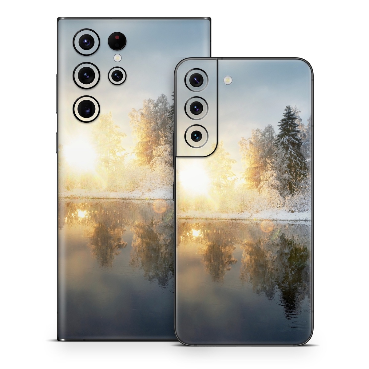 Samsung Galaxy S22 Series Skin design of Cloud, Water, Sky, Water resources, Atmosphere, Plant, Natural landscape, Branch, Tree, Freezing, with blue, black, yellow, orange, white colors