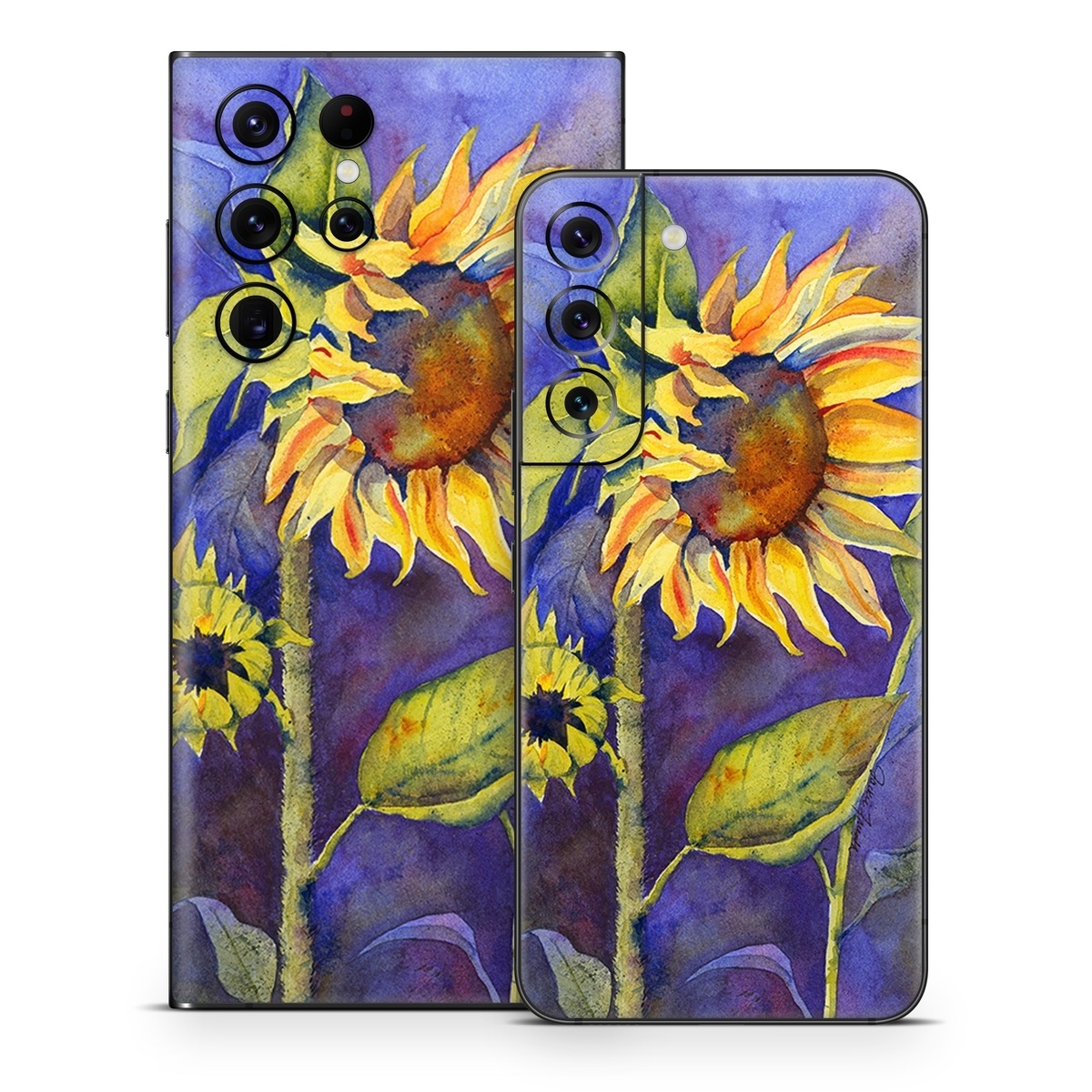 Samsung Galaxy S22 Series Skin design of Flower, Sunflower, Painting, sunflower, Watercolor paint, Plant, Flowering plant, Yellow, Acrylic paint, Still life, with green, black, blue, gray, red, orange colors