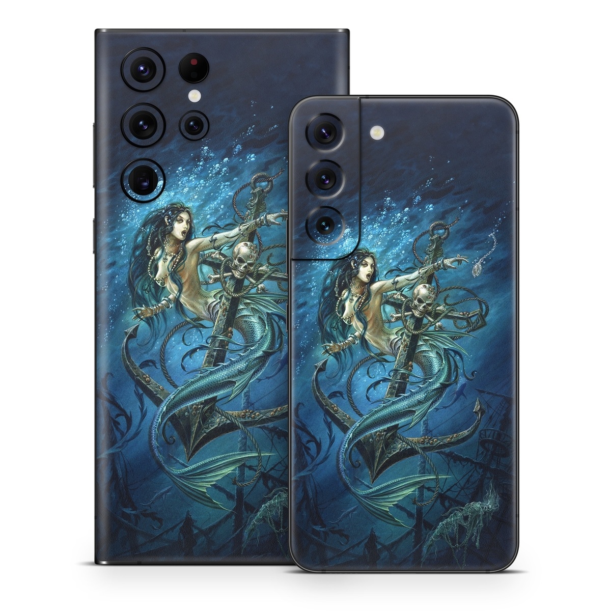 Samsung Galaxy S22 Series Skin design of Mermaid, Cg artwork, Illustration, Fictional character, Art, Mythology, Mythical creature, Graphic design, with blue, green, white, black colors