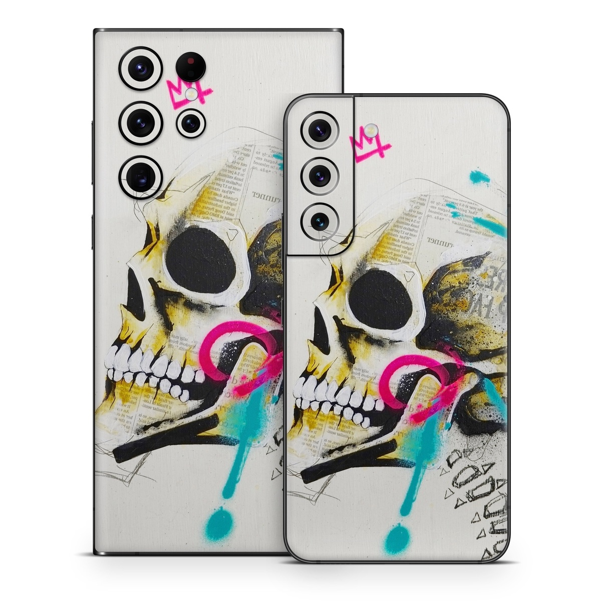 Samsung Galaxy S22 Series Skin design of Graphic design, Skull, Illustration, Art, Bone, Drawing, Visual arts, Font, Modern art, Street art, with blue, pink, yellow, black colors