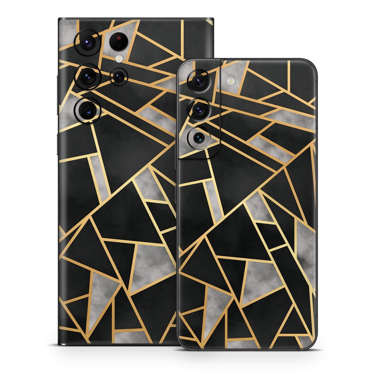 Samsung Galaxy S22 Series Skin design of Pattern, Triangle, Yellow, Line, Tile, Floor, Design, Symmetry, Architecture, Flooring, with black, gray, yellow colors
