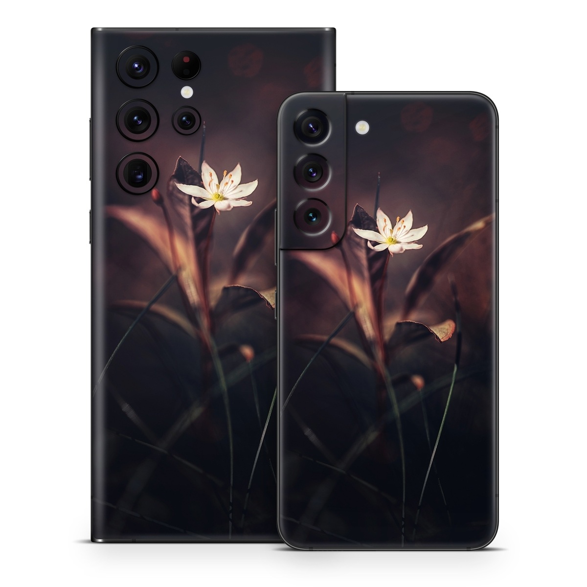 Samsung Galaxy S22 Series Skin design of Flower, Yellow, Light, Plant, Sky, Still life photography, Wildflower, Petal, Darkness, Spring, with black, red colors