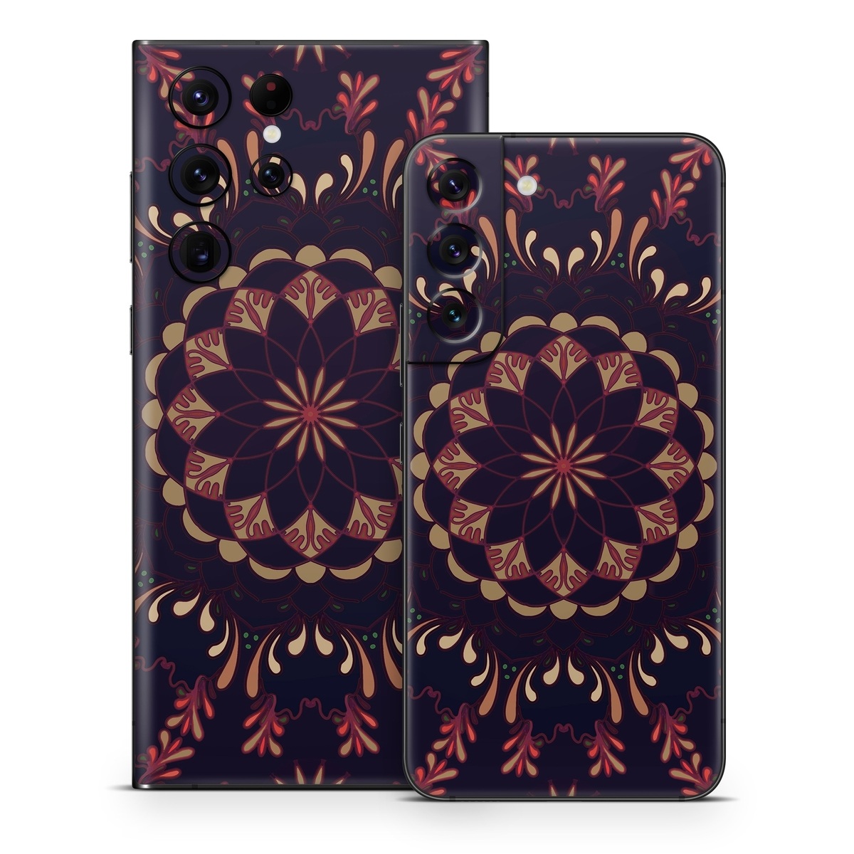 Samsung Galaxy S22 Series Skin design of Pattern, Brown, Red, Symmetry, Textile, Design, Visual arts, Tapestry, Kaleidoscope, with black, red, orange, yellow, brown colors