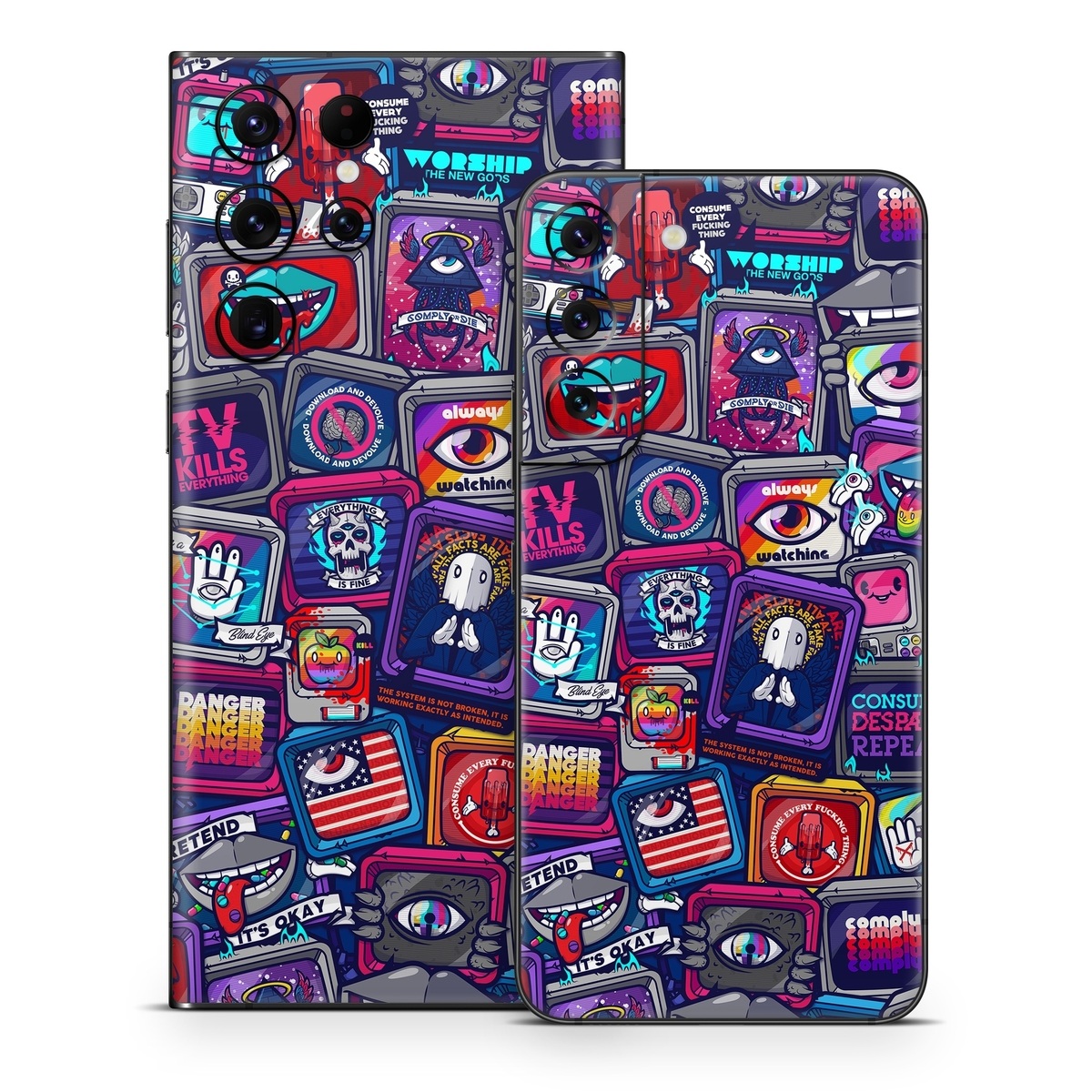 Samsung Galaxy S22 Series Skin design of Pattern, Font, Art, Visual arts, Collection, with red, blue, black, gray, purple, yellow, white, green colors