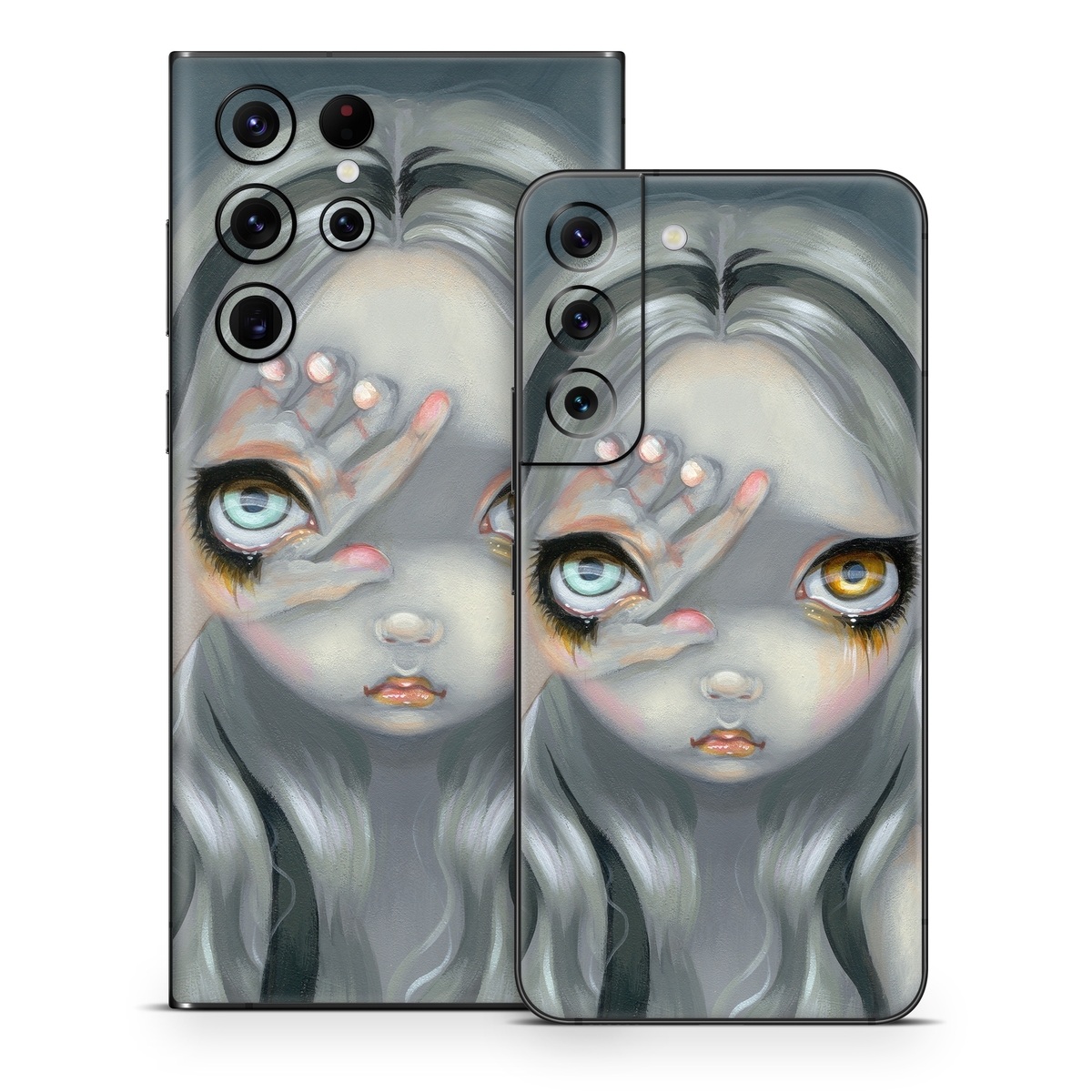 Samsung Galaxy S22 Series Skin design of Face, Head, Cg artwork, Eye, Illustration, Organ, Fictional character, Art, Iris, Darkness, with black, gray, blue, green colors