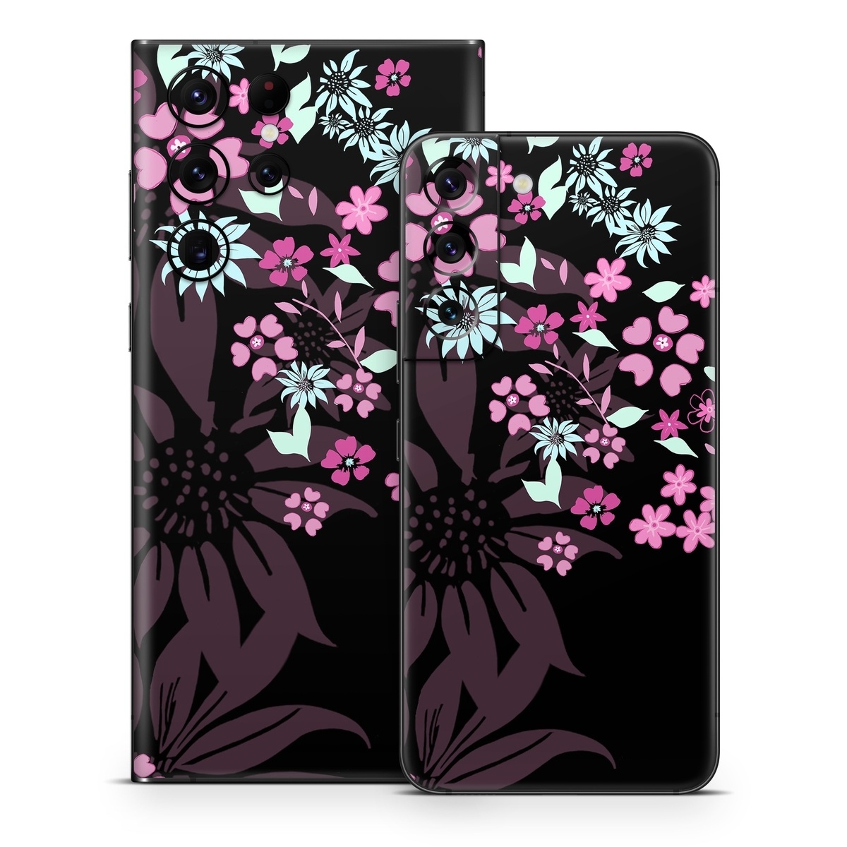 Samsung Galaxy S22 Series Skin design of Pink, Pattern, Flower, Plant, Botany, Petal, Floral design, Design, Pedicel, Graphic design, with black, gray, purple, green, red, pink colors
