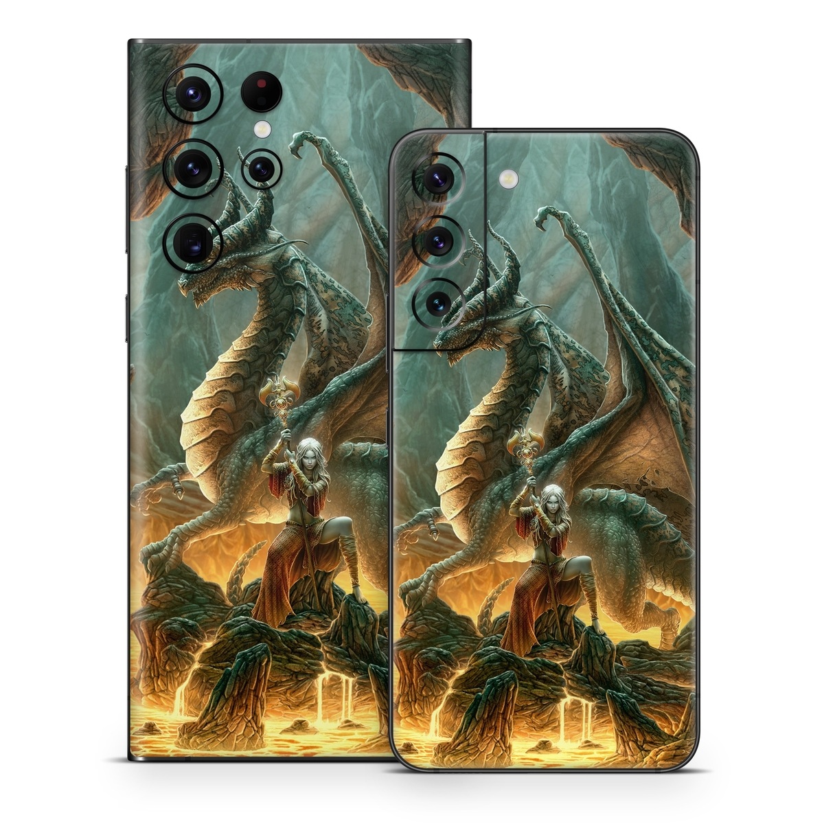 Samsung Galaxy S22 Series Skin design of Dragon, Cg artwork, Mythology, Fictional character, Mythical creature, Art, Illustration, Cryptid, Sculpture, Demon, with black, green, red, gray, blue colors