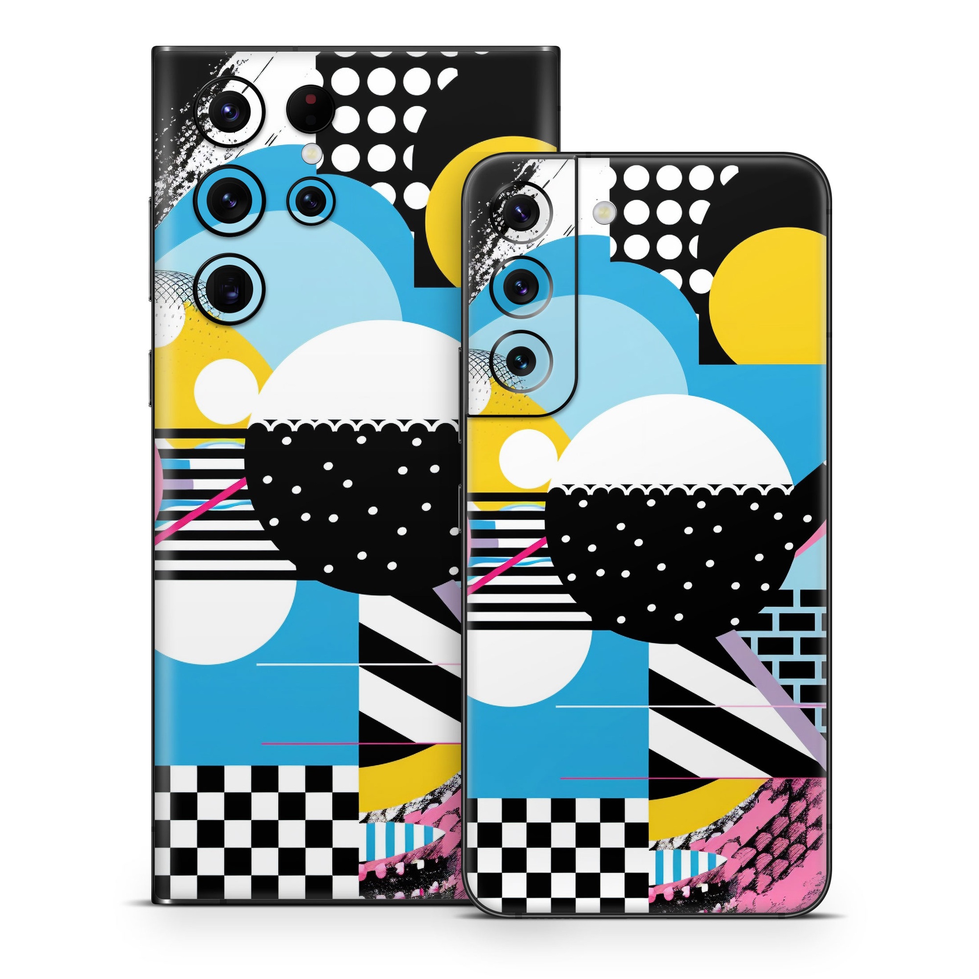 Samsung Galaxy S22 Series Skin design of White, Yellow, Art, Font, Pattern, Circle, Design, Creative arts, Graphics, Electric blue, with blue, pink, white, black, yellow colors