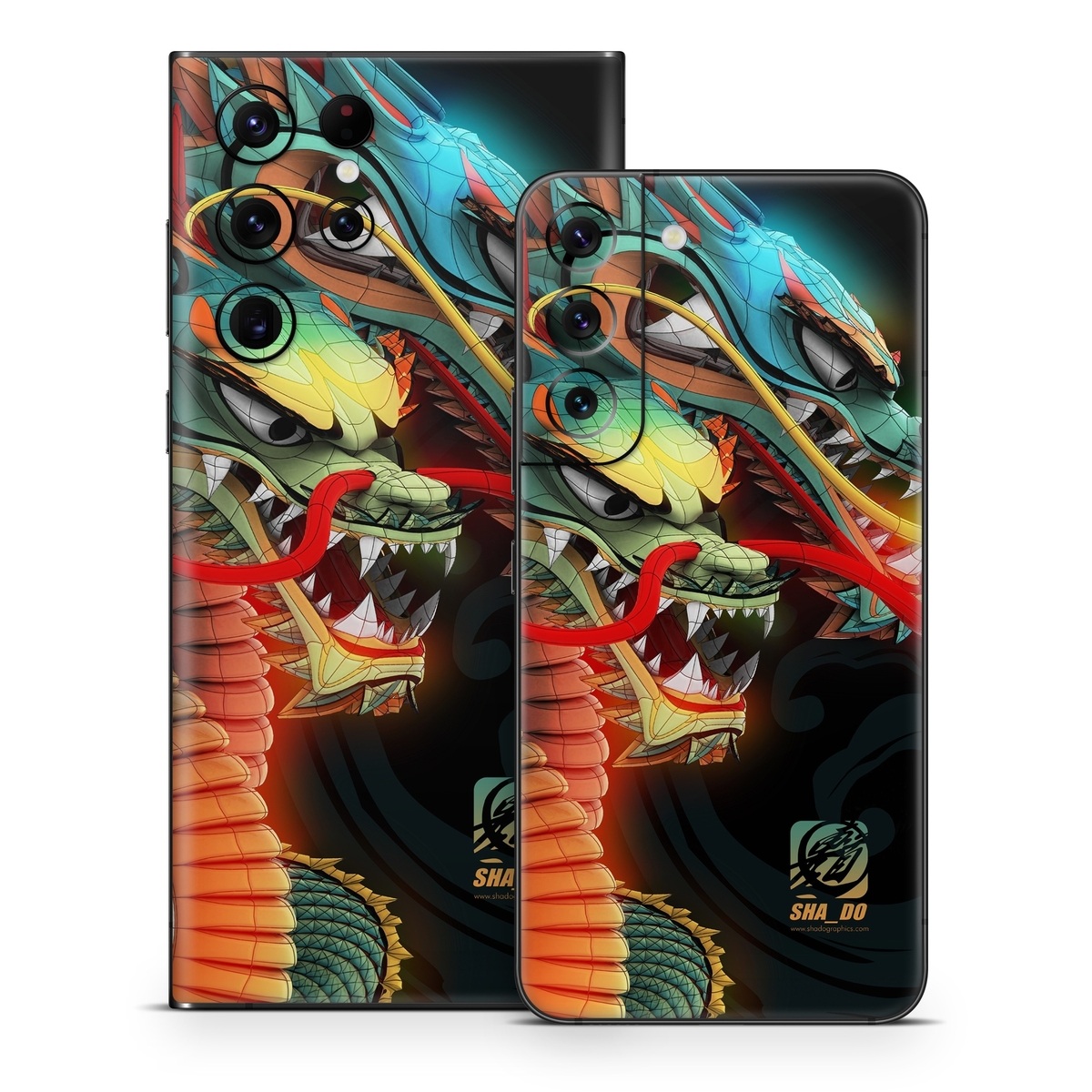 Samsung Galaxy S22 Series Skin design of Dragon, Fictional character, Illustration, Art, Cg artwork, Fiction, Mythical creature, Graphics, with black, green, red, yellow, orange colors