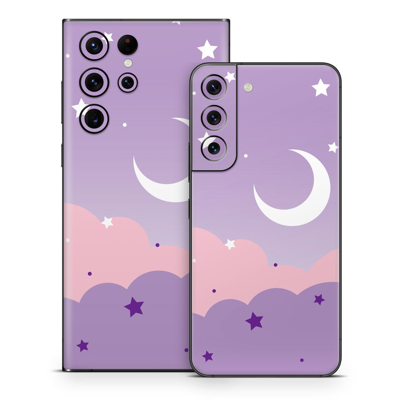 Samsung Galaxy S22 Series Skin design of Astronomical object, Pink, Star, Purple, Crescent, Moon, Graphics, Animation, Wallpaper, Graphic design, with purple, white colors
