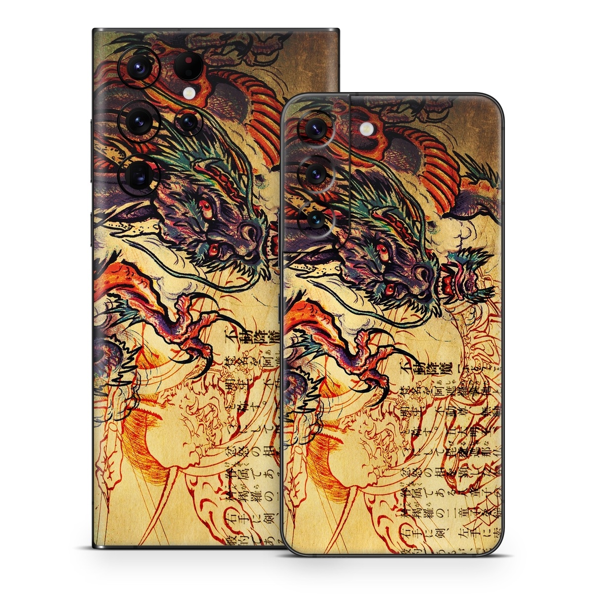 Samsung Galaxy S22 Series Skin design of Illustration, Fictional character, Art, Demon, Drawing, Visual arts, Dragon, Supernatural creature, Mythical creature, Mythology, with black, green, red, gray, pink, orange colors
